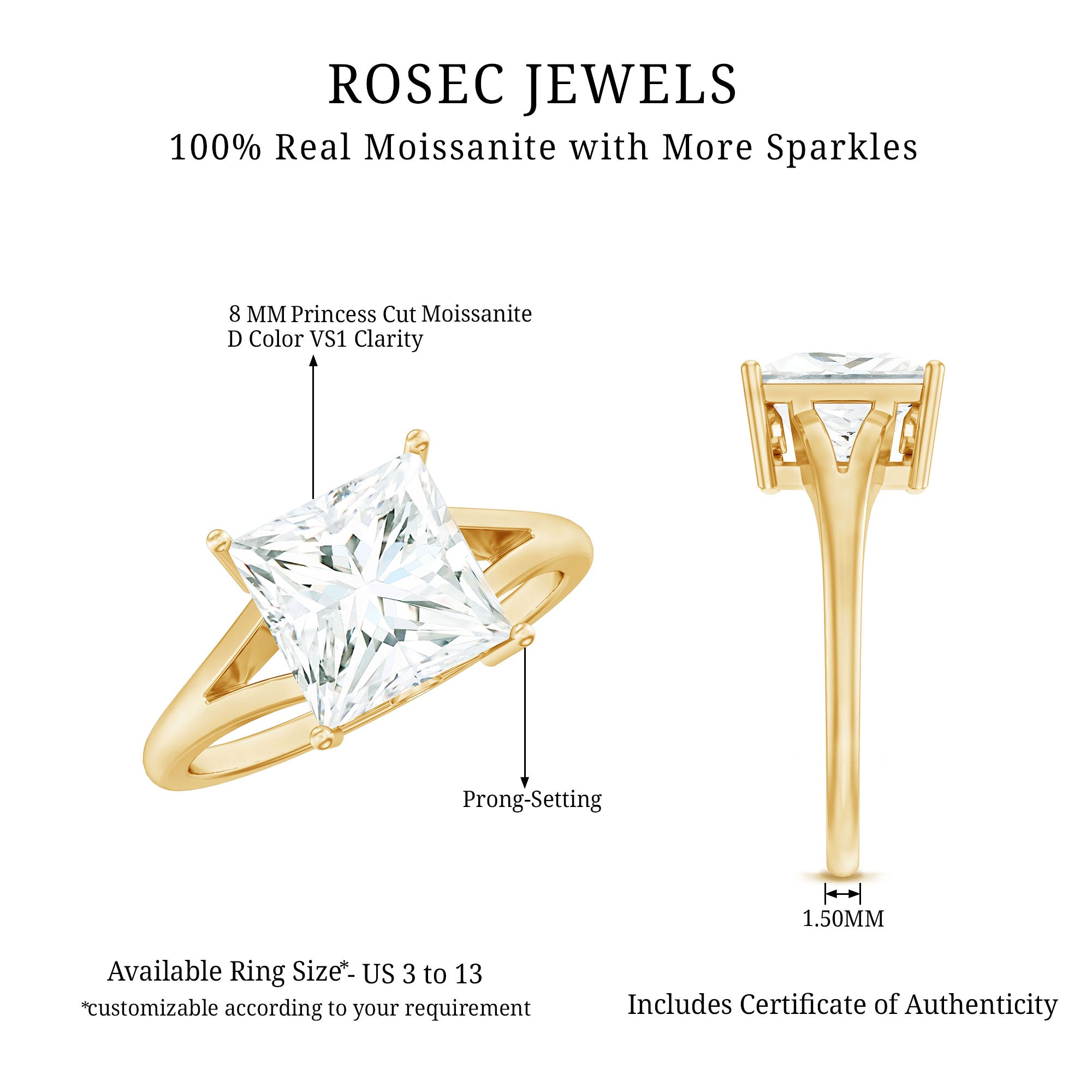Certified 8 MM Moissanite Princess Cut Engagement Ring with Split Shank D-VS1 - Rosec Jewels