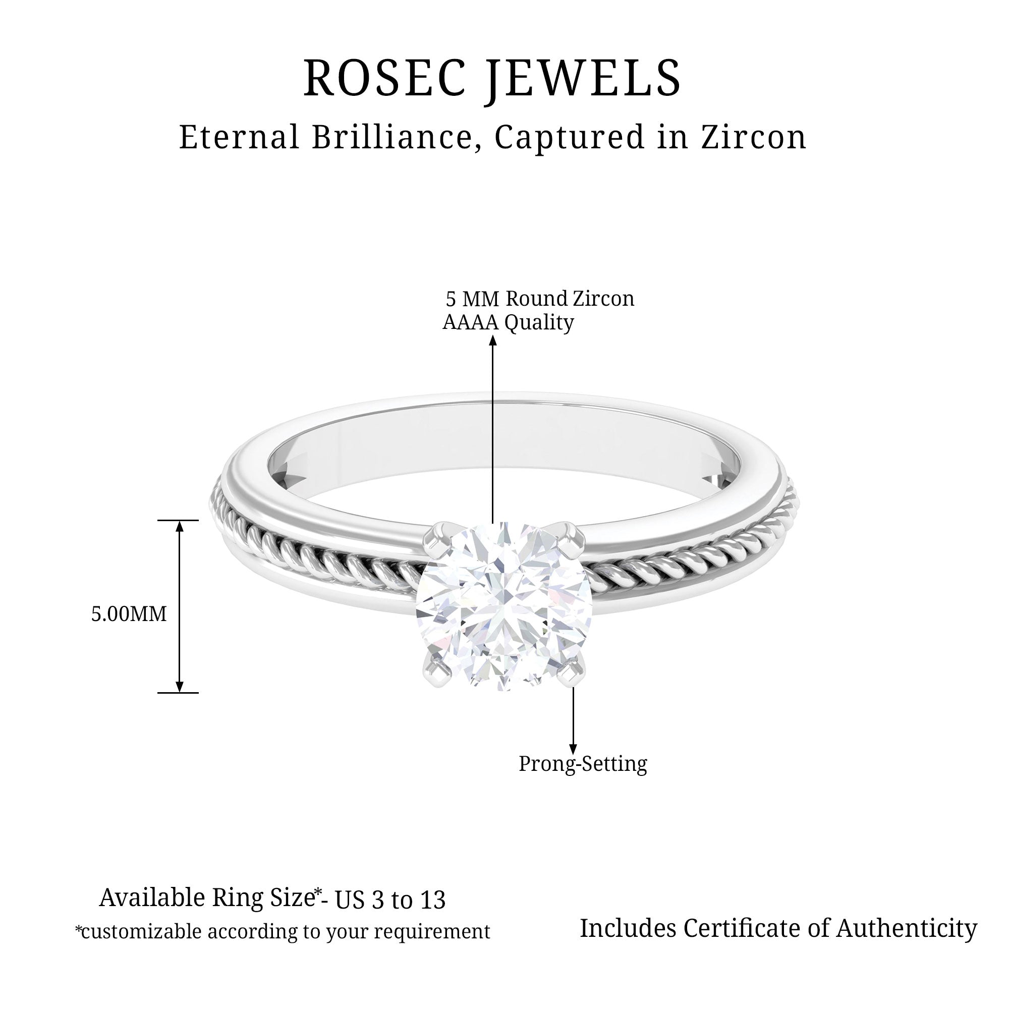 Cubic Zirconia Solitaire Twisted Rope Ring in Square Prong Setting AAAA - Rosec Jewels