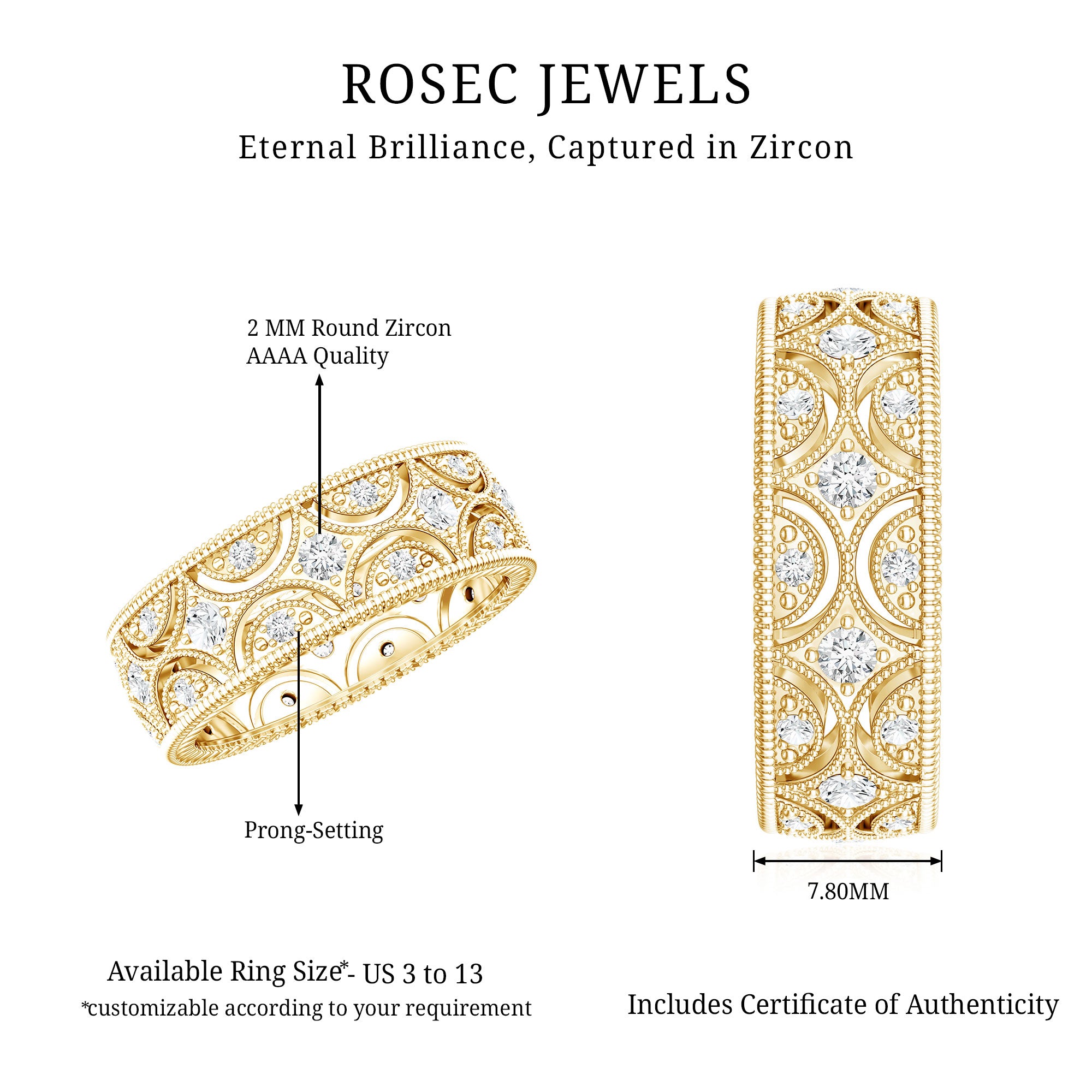 Certified Cubic Zirconia Vintage Wedding Band for Women AAAA - Rosec Jewels
