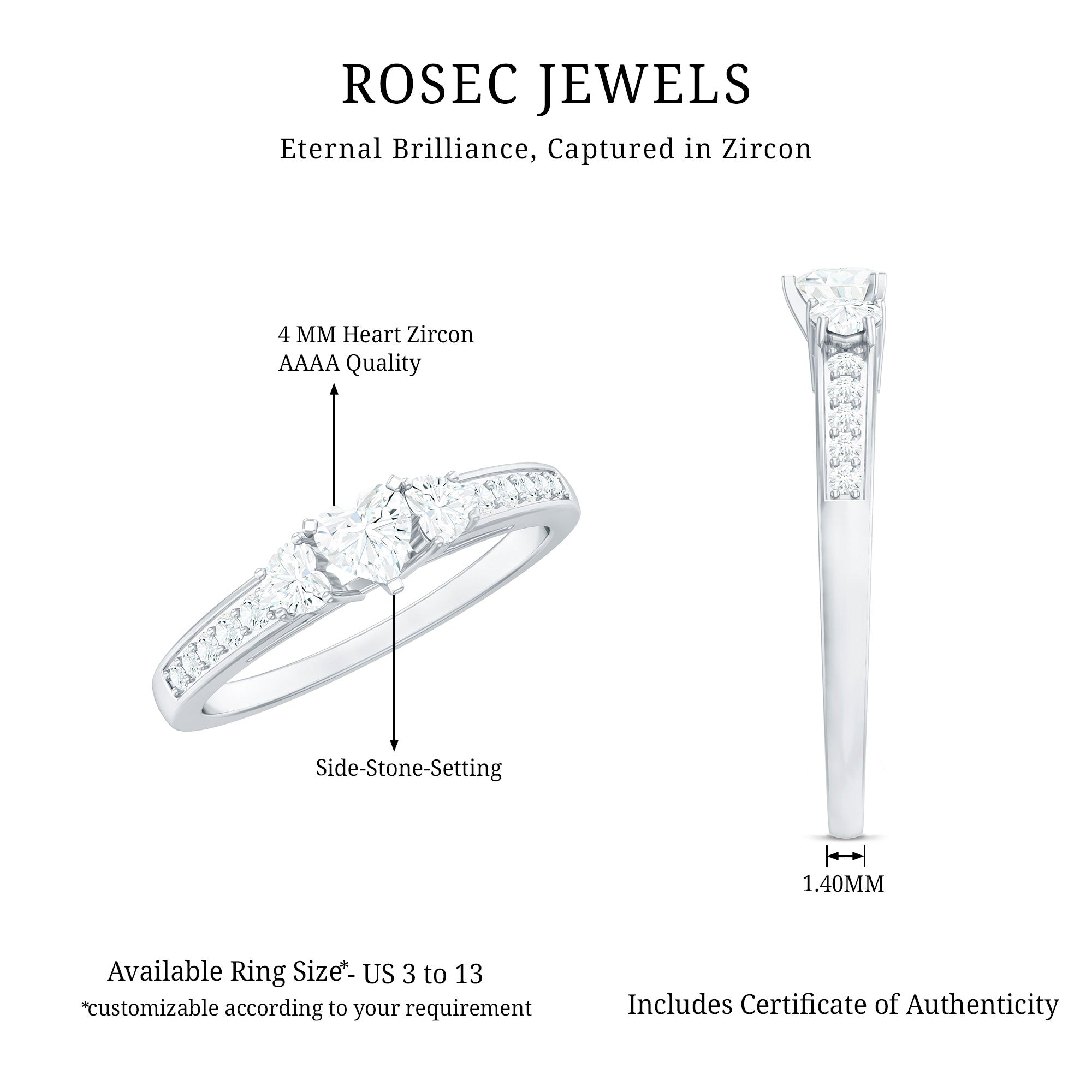 Heart Shape Zircon Anniversary Ring with Side Stones AAAA - Rosec Jewels