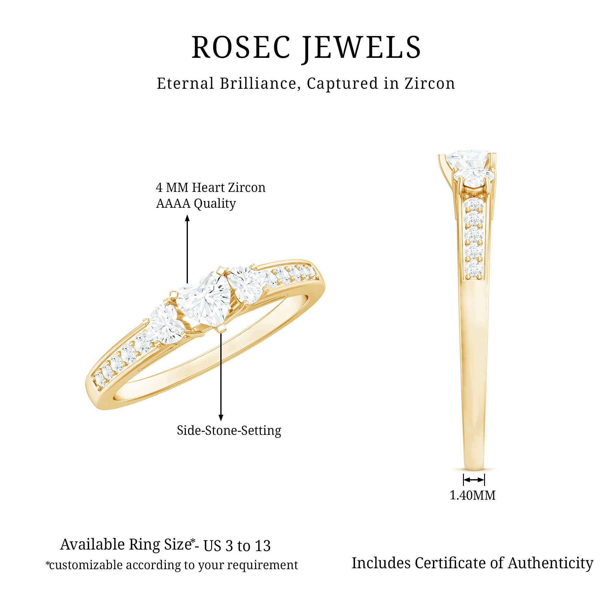 Heart Shape Zircon Anniversary Ring with Side Stones AAAA - Rosec Jewels