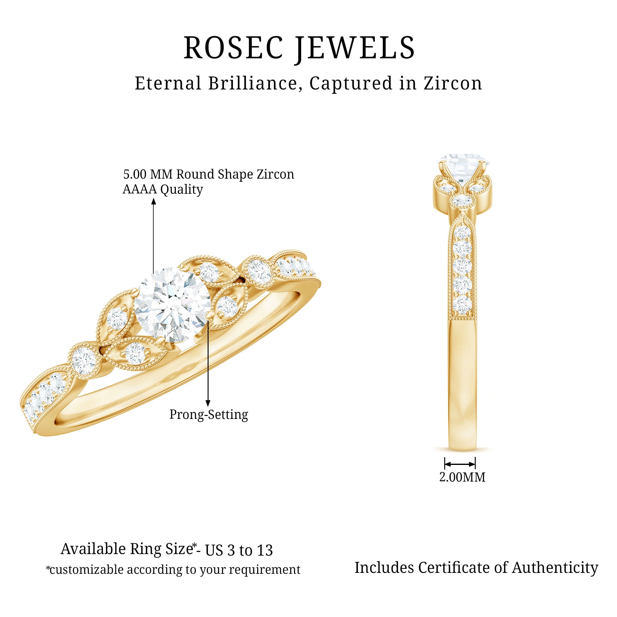 Rosec Jewels-Vintage Inspired Zircon Engagement Ring for Women