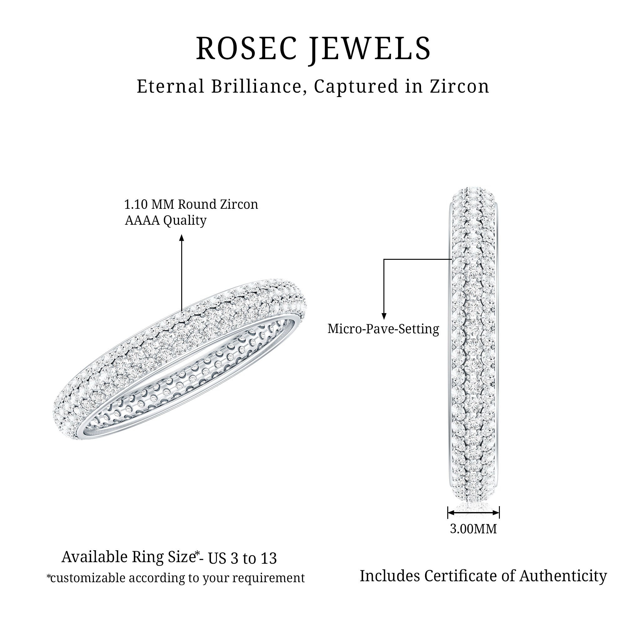 Pave Set Cubic Zirconia Eternity Wedding Band for Women AAAA - Rosec Jewels