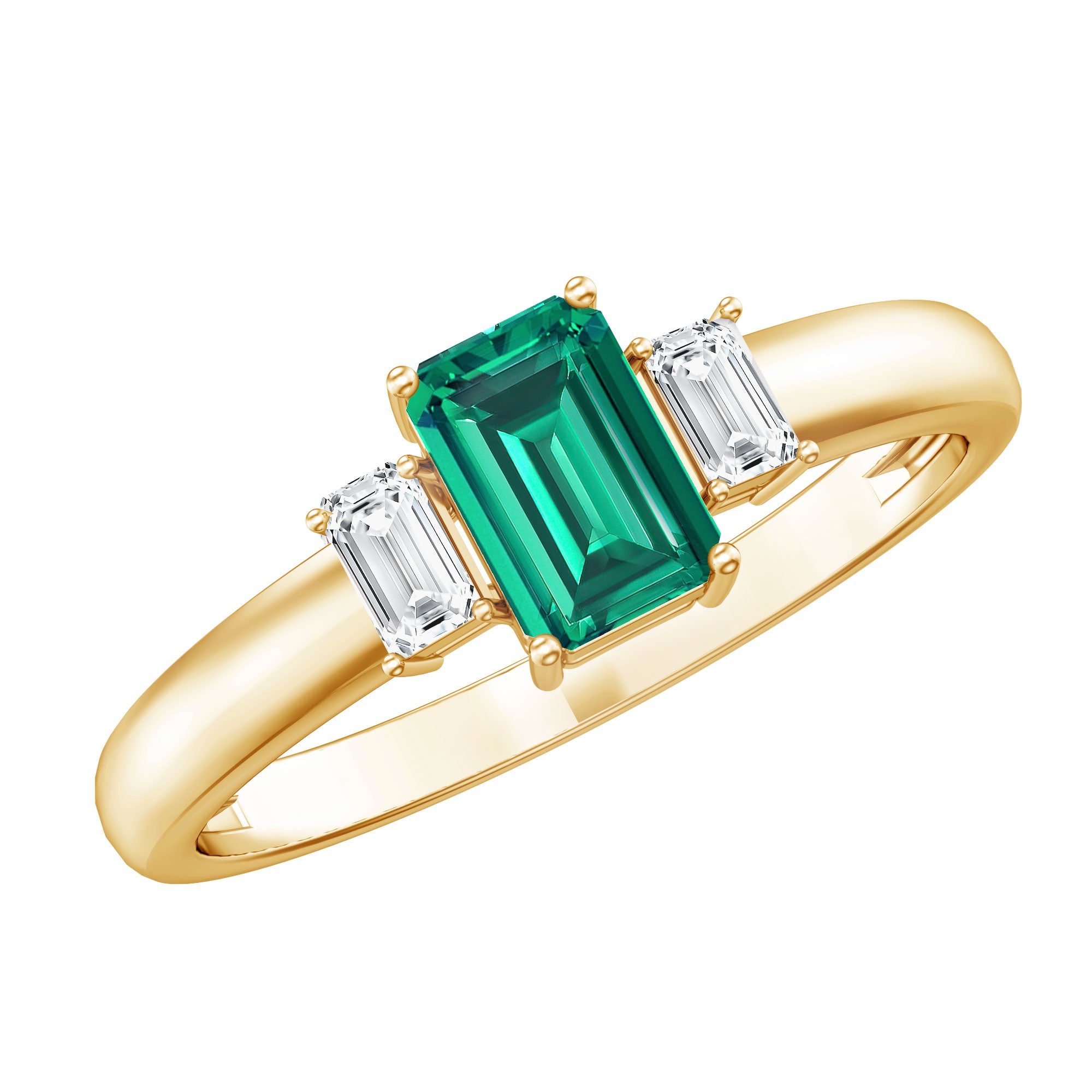 Emerald Cut Emerald and Diamond 3 Stone Promise Ring for Her AAA - Rosec Jewels