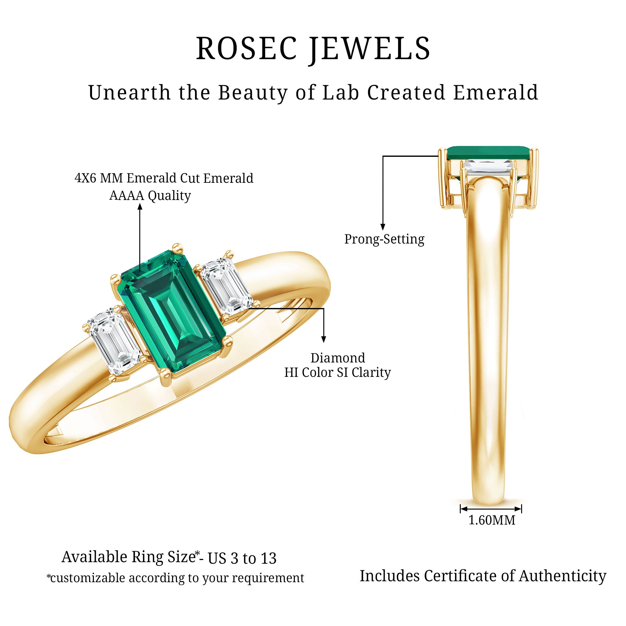 Rosec Jewels-Emerald Cut Emerald and Diamond 3 Stone Promise Ring for Her