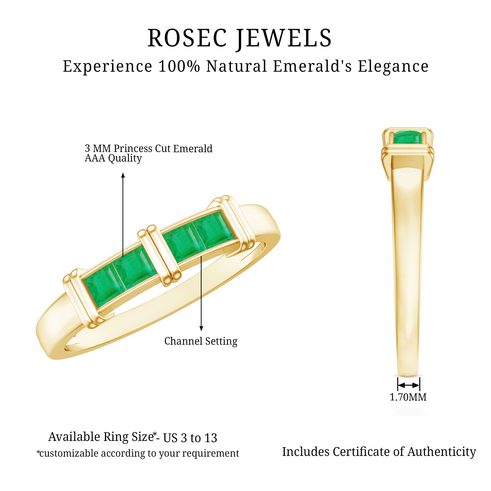 Princess Cut Real Emerald Band Ring in Channel Setting AAA - Rosec Jewels