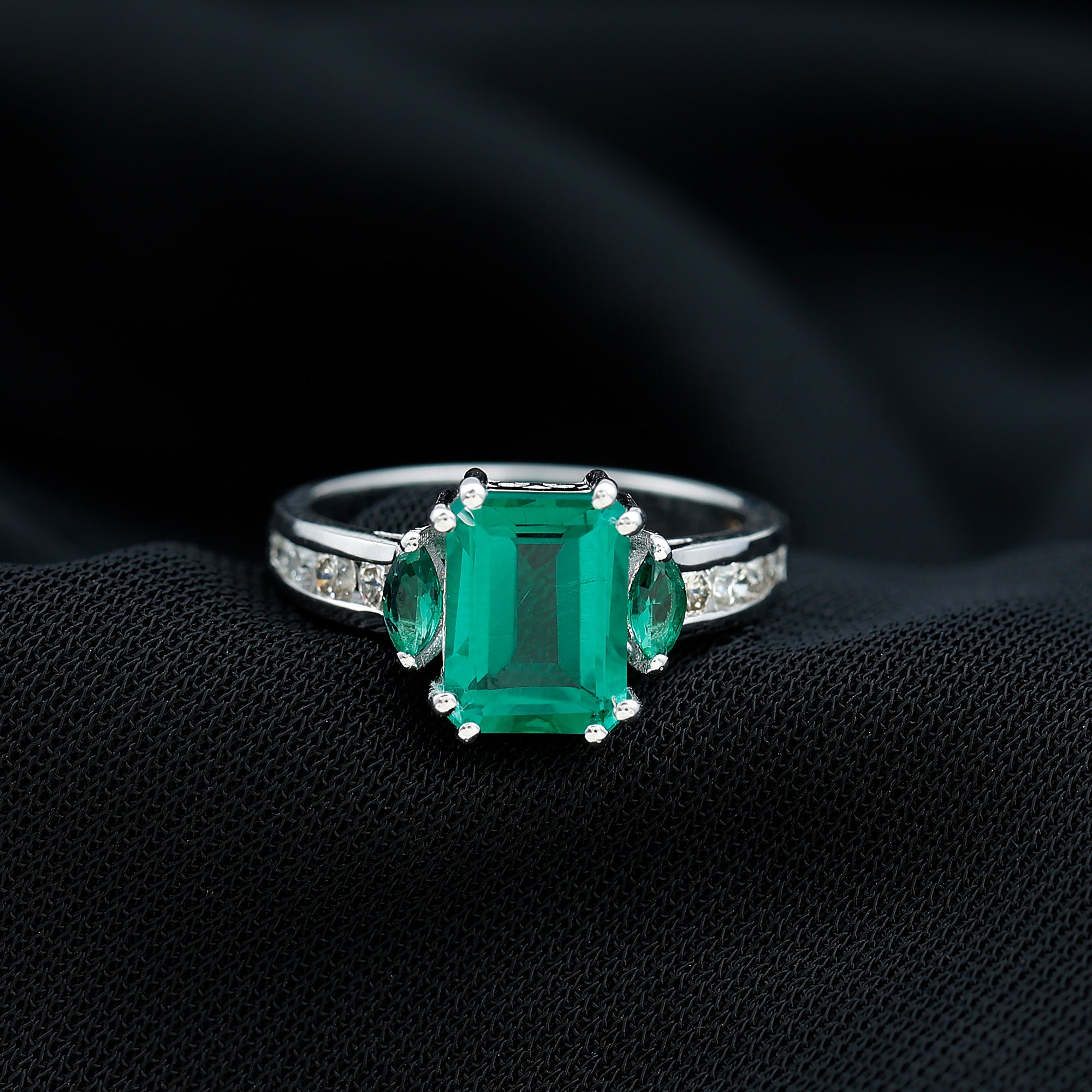 Rosec Jewels-Lab Created Emerald Cut Emerald Engagement Ring with Diamonds