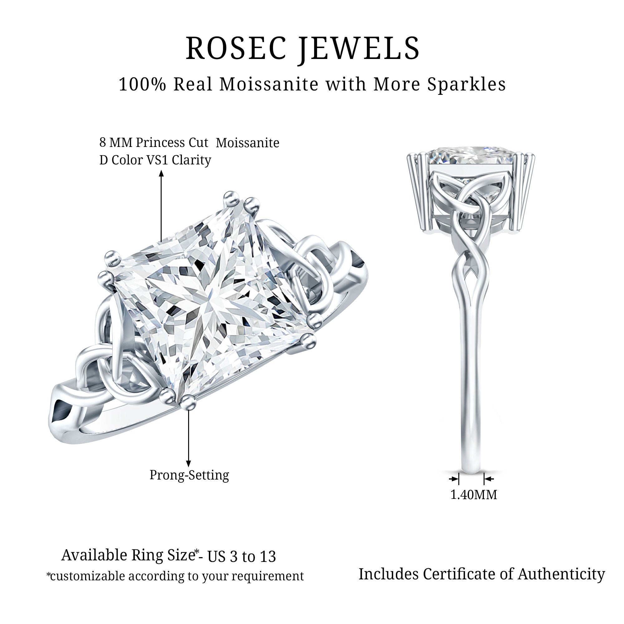 Moissanite Princess Cut Engagement Ring With Celtic Knot Design D-VS1 - Rosec Jewels