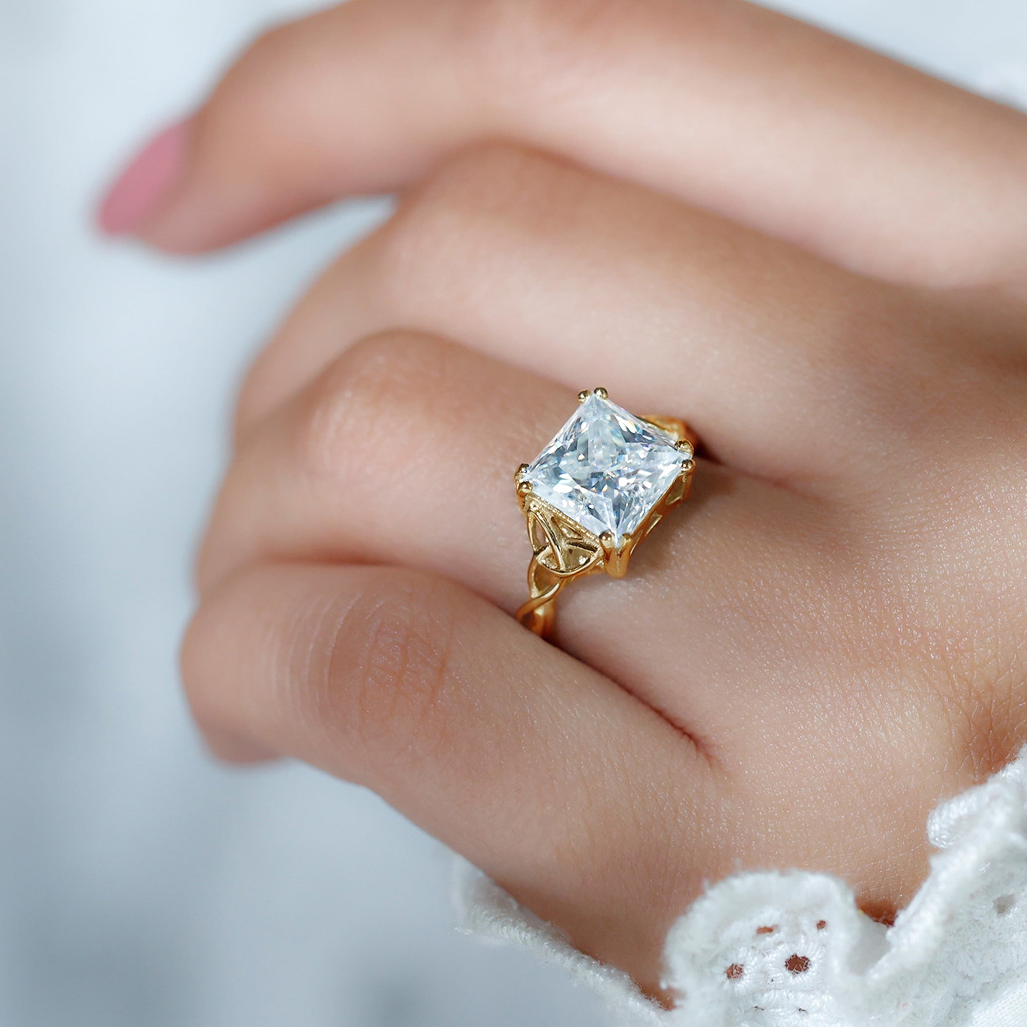 Moissanite Princess Cut Engagement Ring With Celtic Knot Design D-VS1 - Rosec Jewels