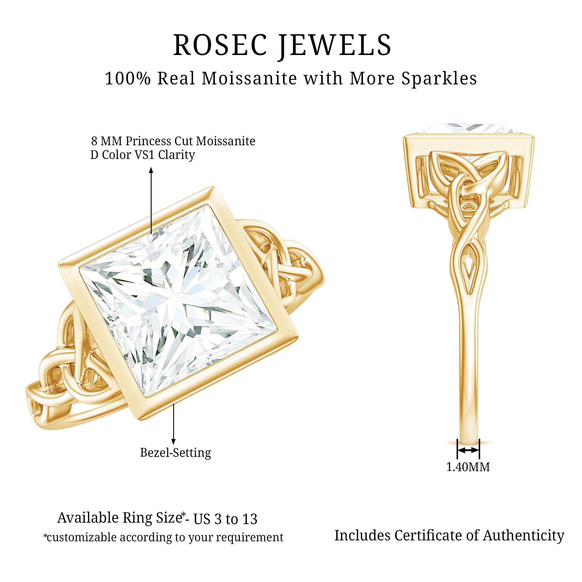 Princess Cut Moissanite Celtic Engagement Ring in Bezel Setting D-VS1 - Rosec Jewels