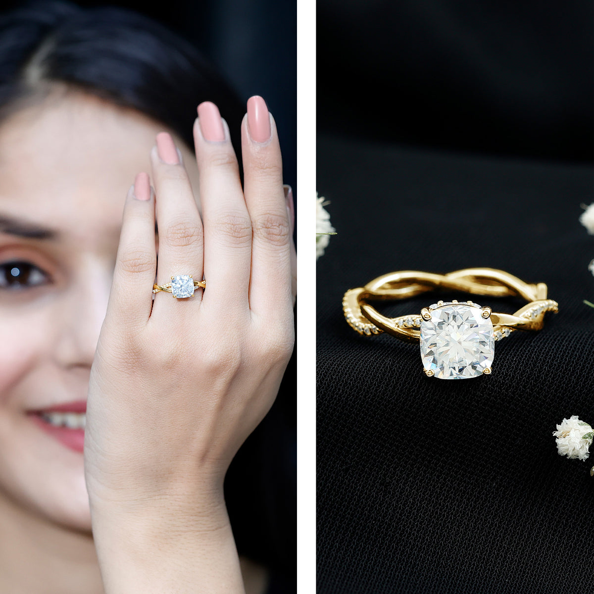 3 Carat Moissanite Cushion Cut Hidden Halo Engagement Rings D-VS1 - Rosec Jewels