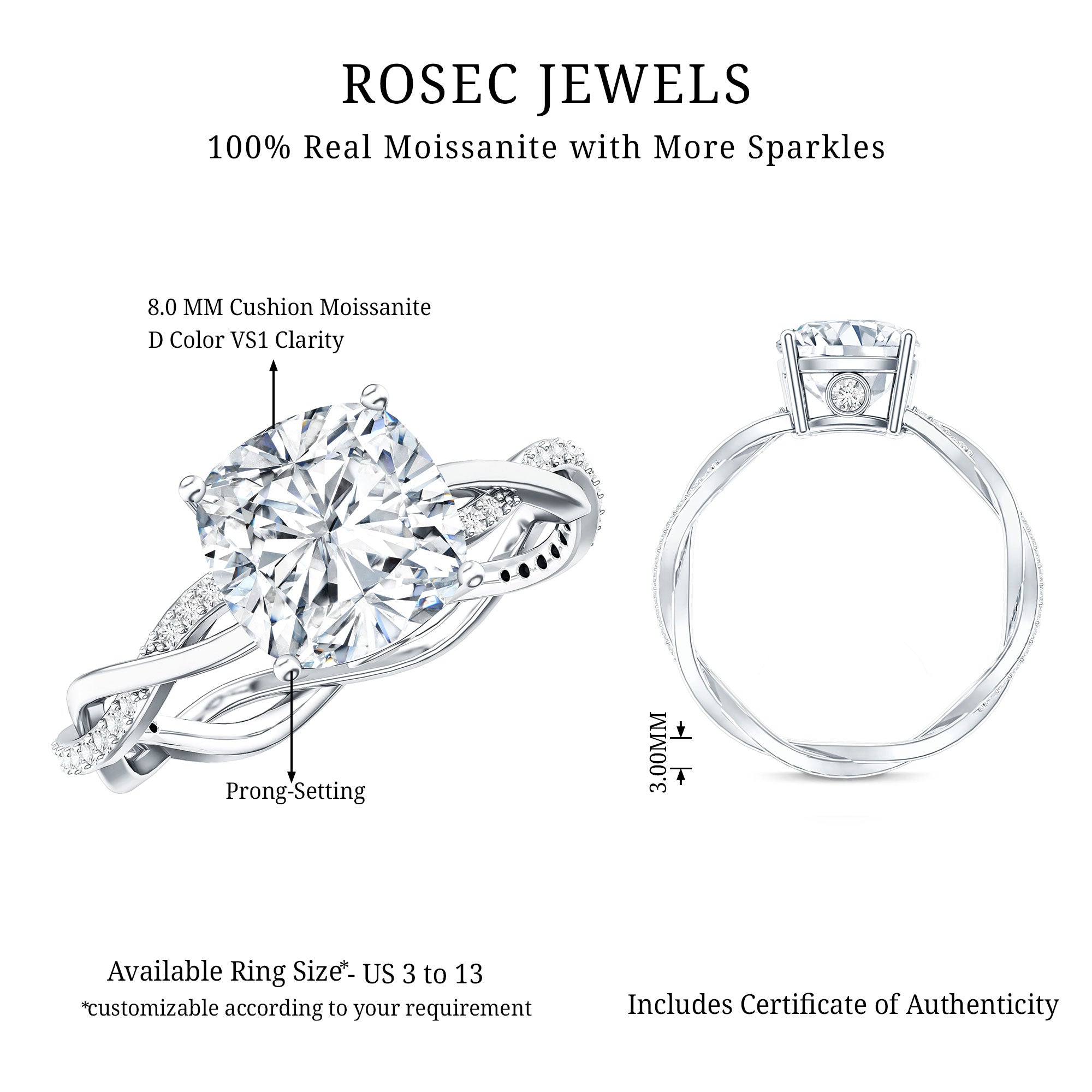 Cushion Cut Solitaire Moissanite Engagement Ring For Her D-VS1 - Rosec Jewels