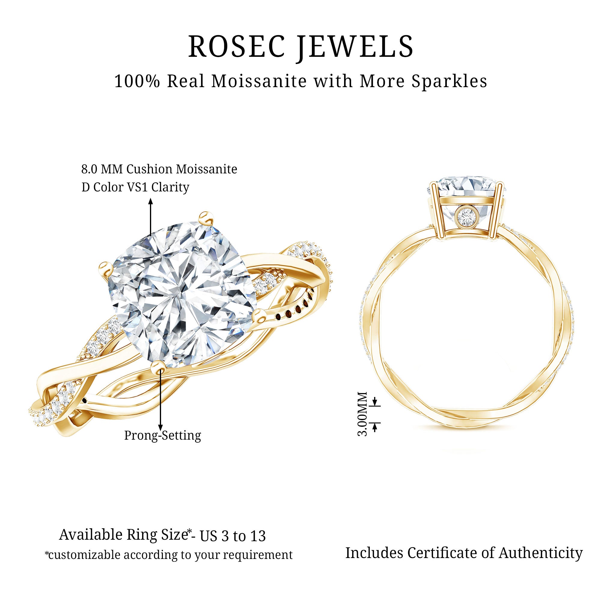 Cushion Cut Solitaire Moissanite Engagement Ring For Her D-VS1 - Rosec Jewels