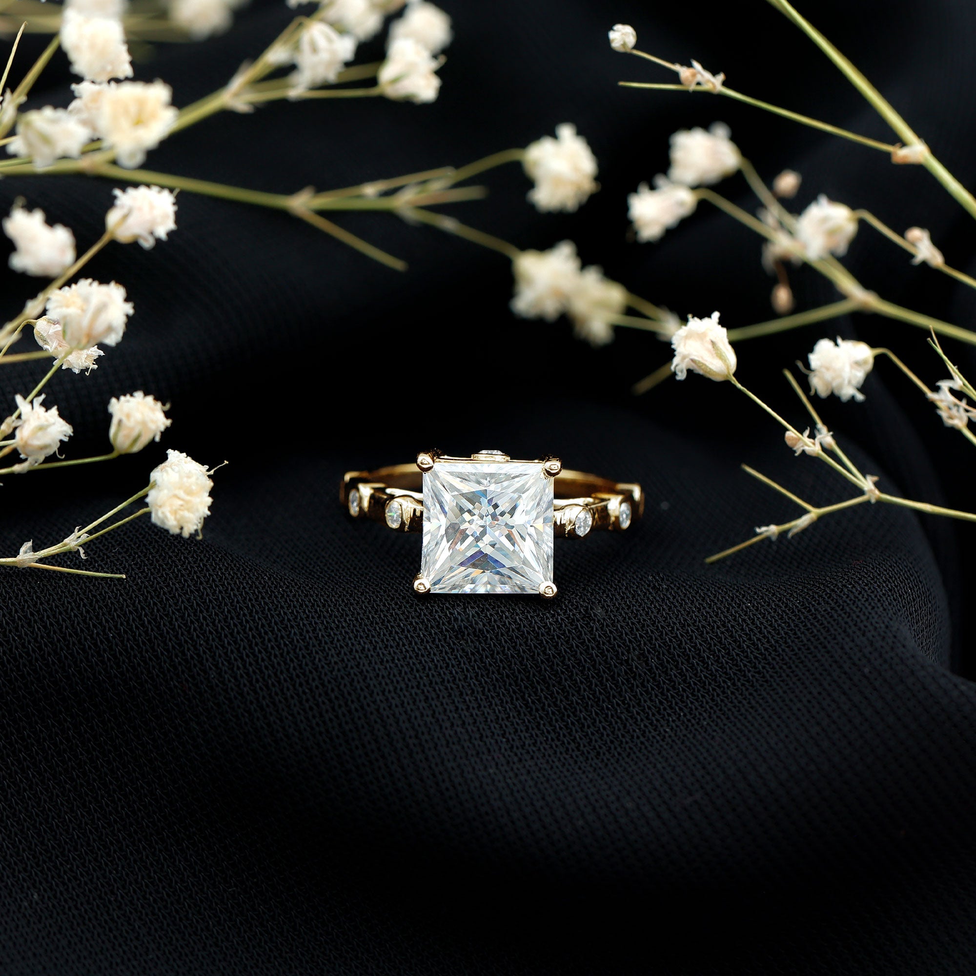 Princess Cut Moissanite Solitaire Engagement Ring with Spaced Accent D-VS1 - Rosec Jewels