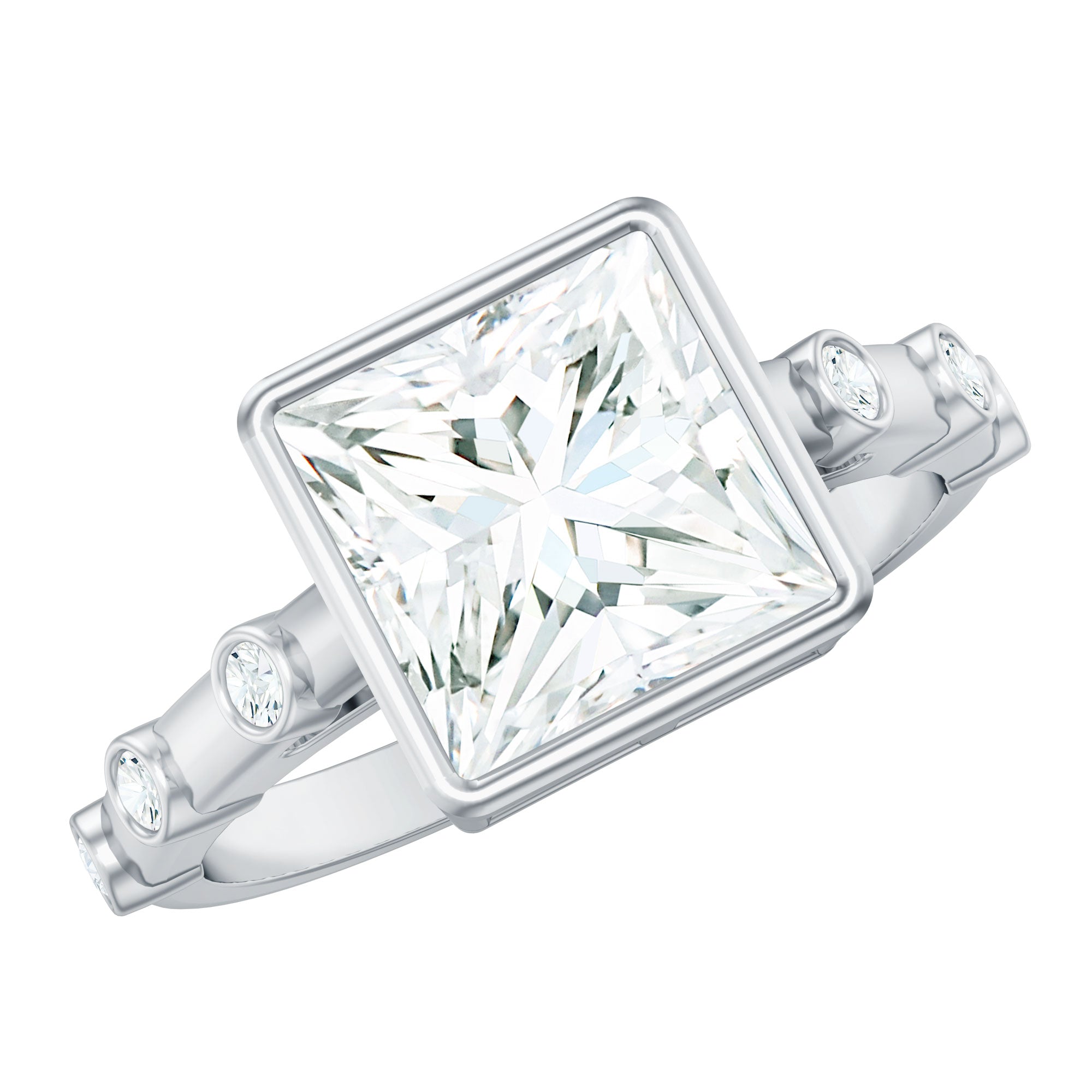 Bezel Set Moissanite Princess Cut Engagement Ring with Spaced Accent D-VS1 - Rosec Jewels