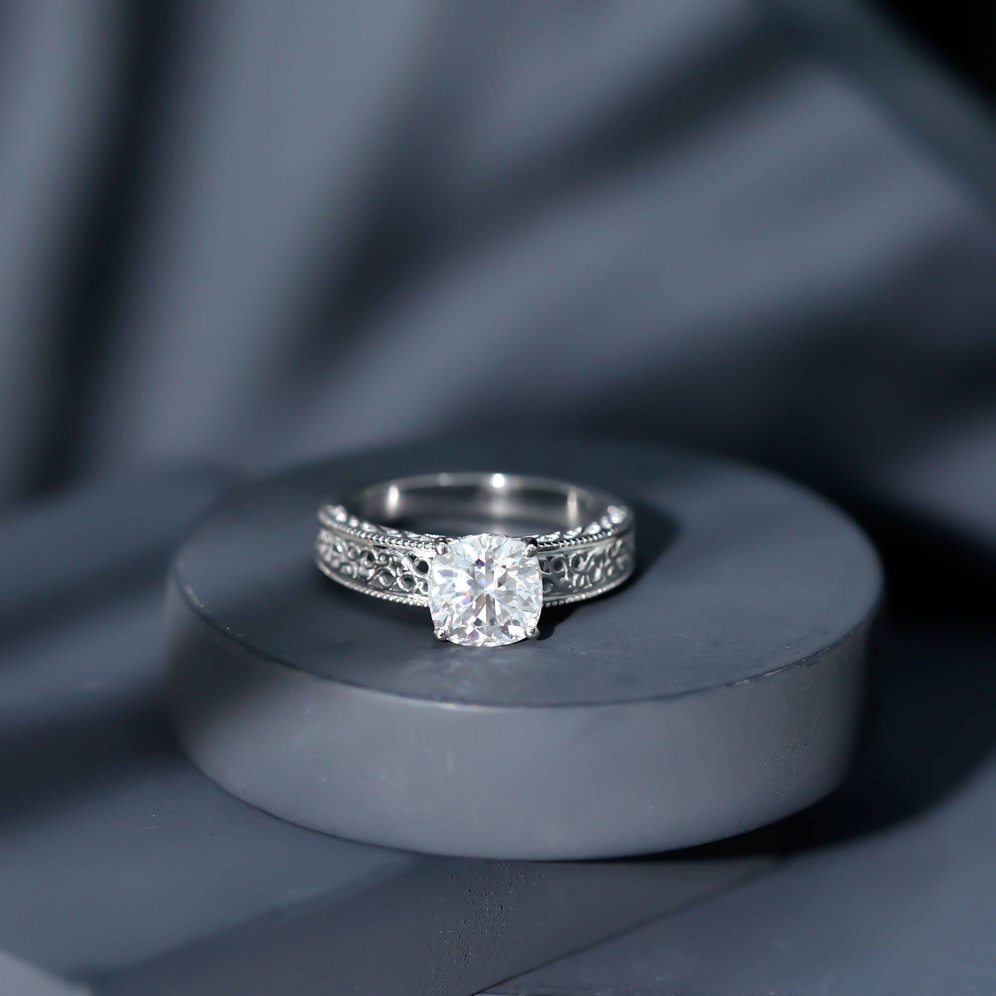8 MM Cushion Cut Moissanite Engagement Ring with Filigree Details D-VS1 - Rosec Jewels