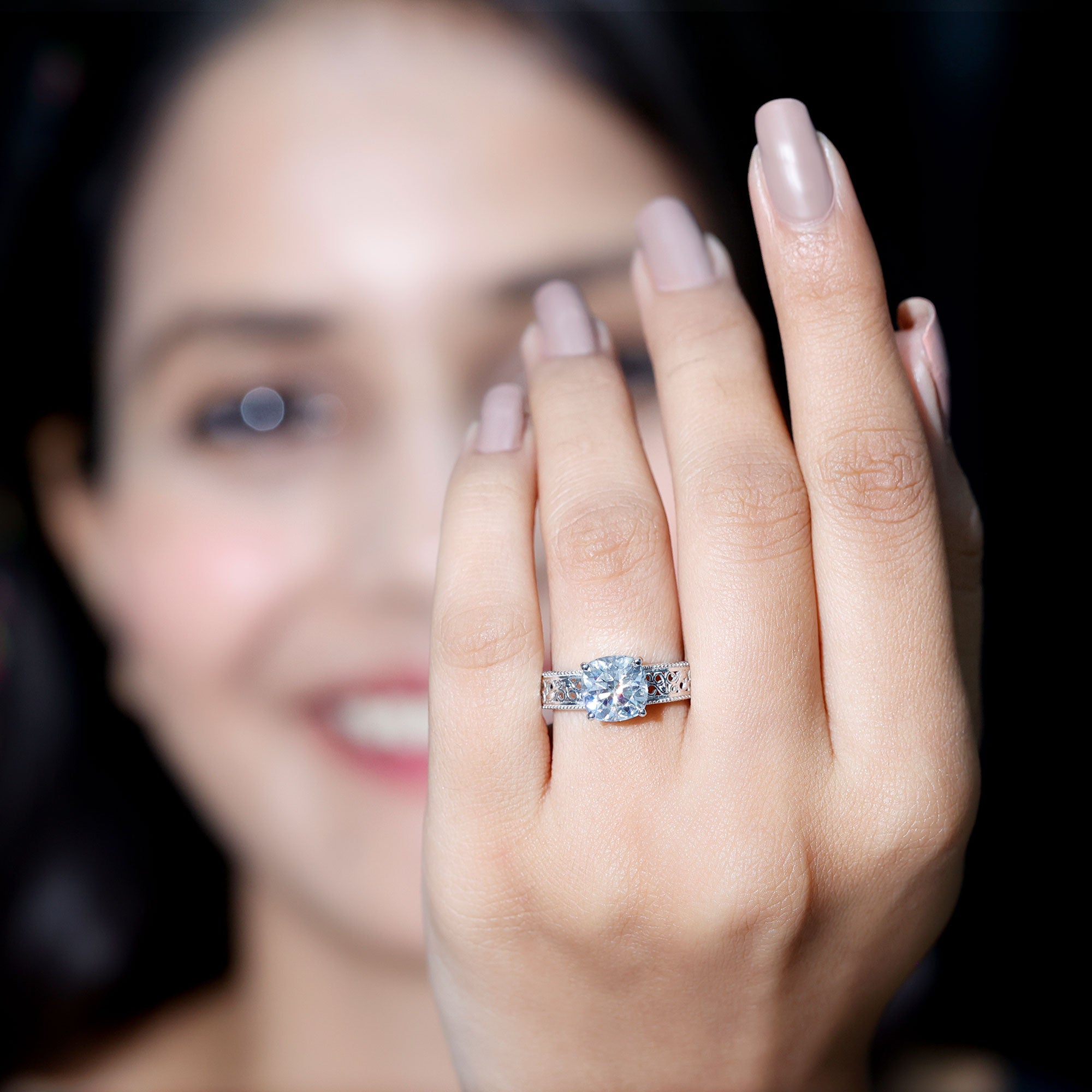 8 MM Cushion Cut Moissanite Engagement Ring with Filigree Details D-VS1 - Rosec Jewels