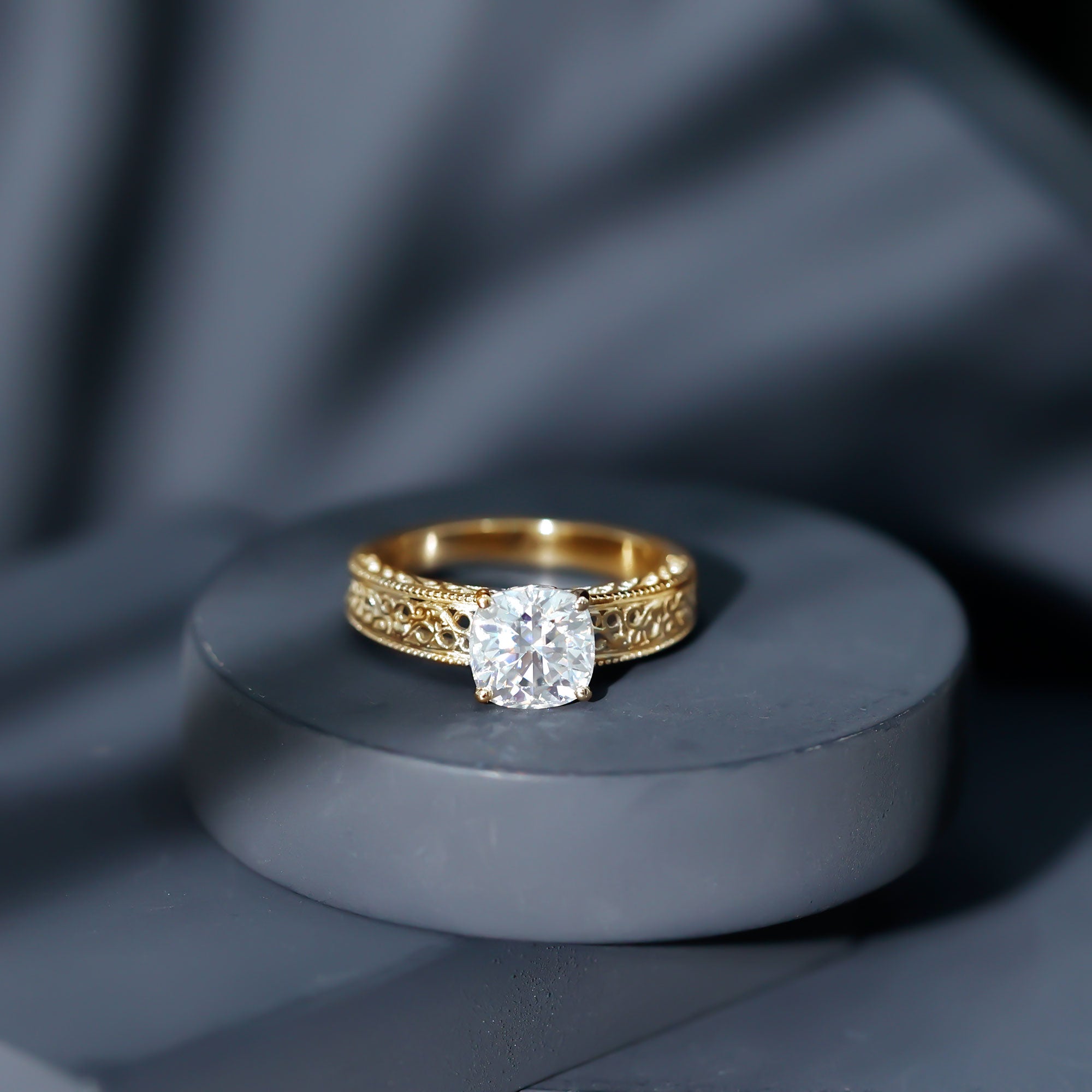 8 MM Cushion Cut Moissanite Engagement Ring with Filigree Details D-VS1 - Rosec Jewels