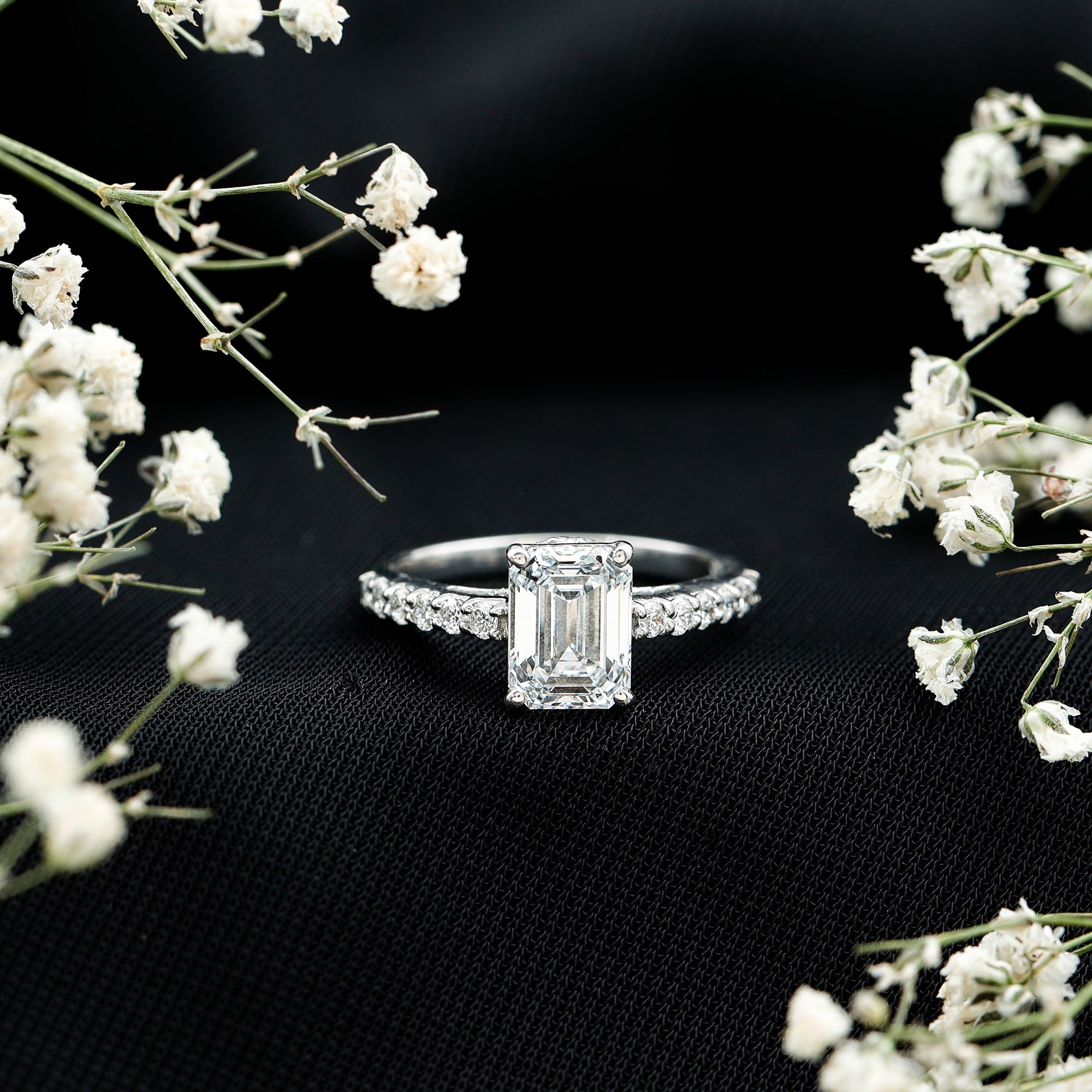 Certified Moissanite Emerald Cut Engagement Ring with Hidden Halo D-VS1 - Rosec Jewels
