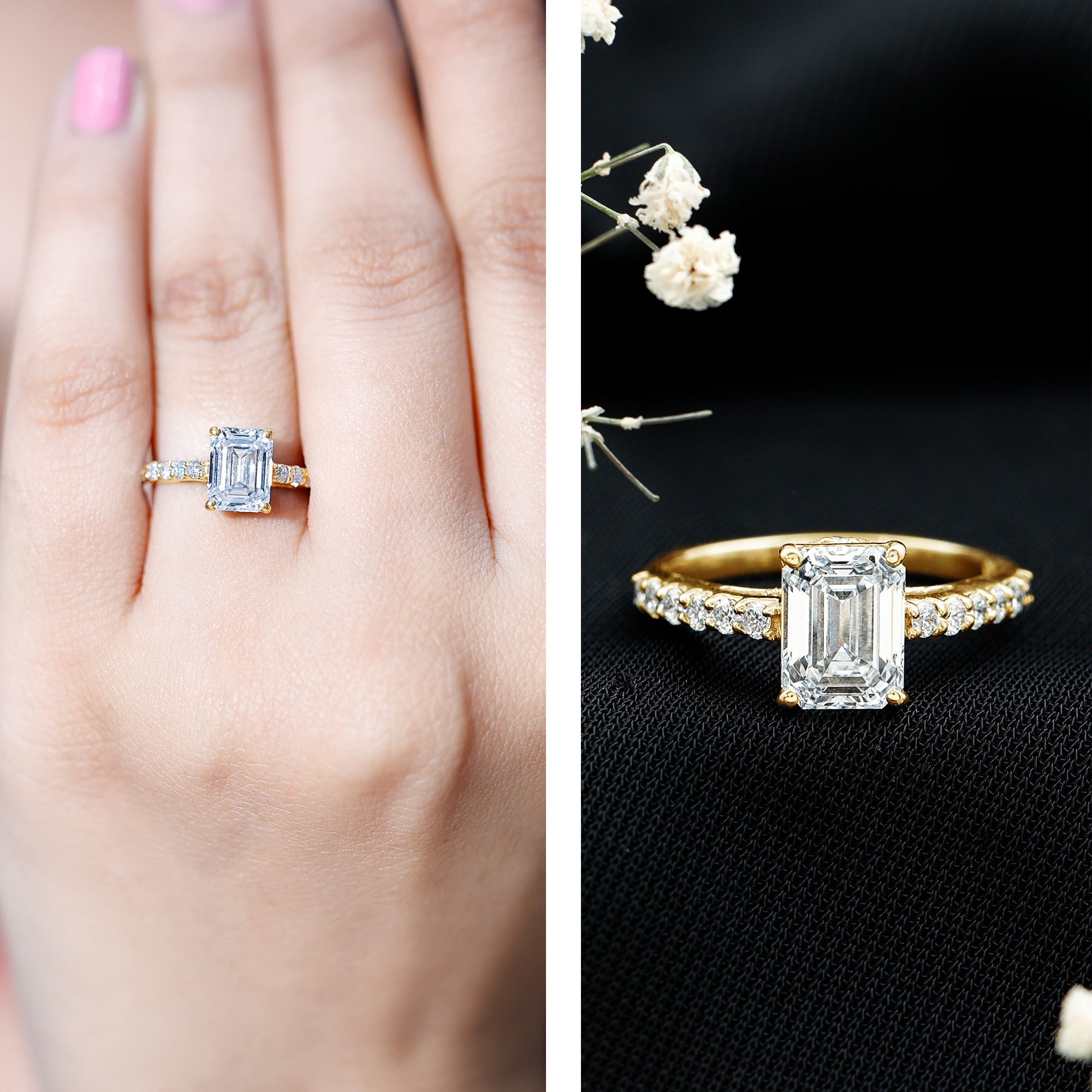 Certified Moissanite Emerald Cut Engagement Ring with Hidden Halo D-VS1 - Rosec Jewels