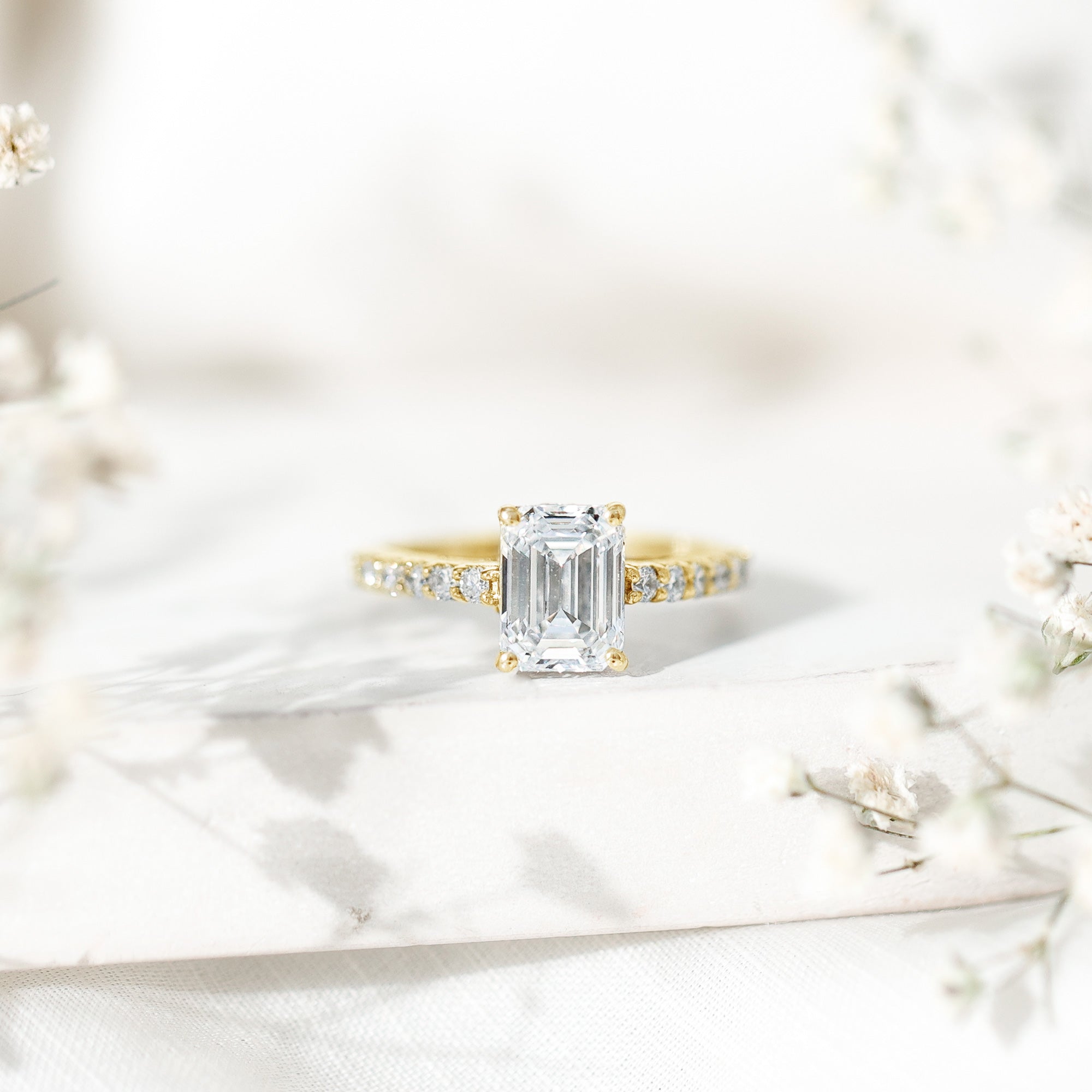 Certified Moissanite Emerald Cut Engagement Ring with Hidden Halo D-VS1 - Rosec Jewels