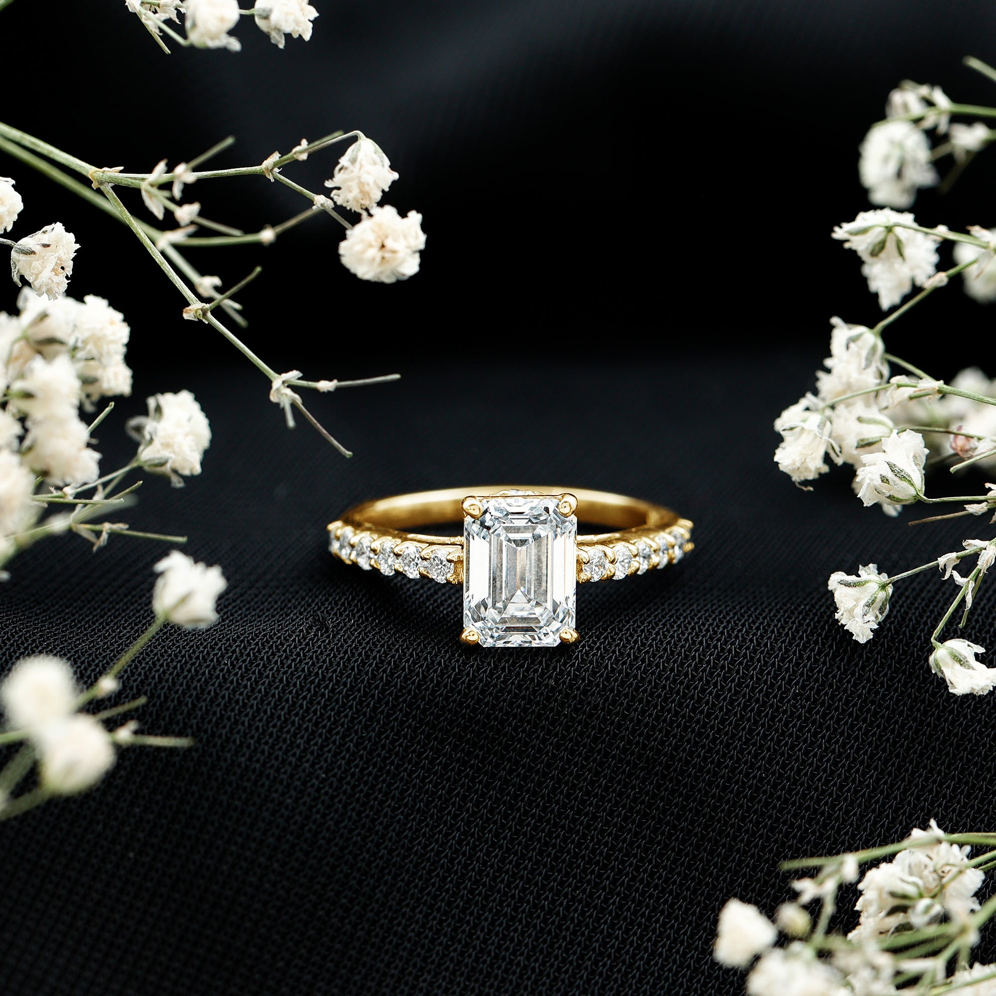 Certified Moissanite Emerald Cut Engagement Ring with Hidden Halo D-VS1 - Rosec Jewels