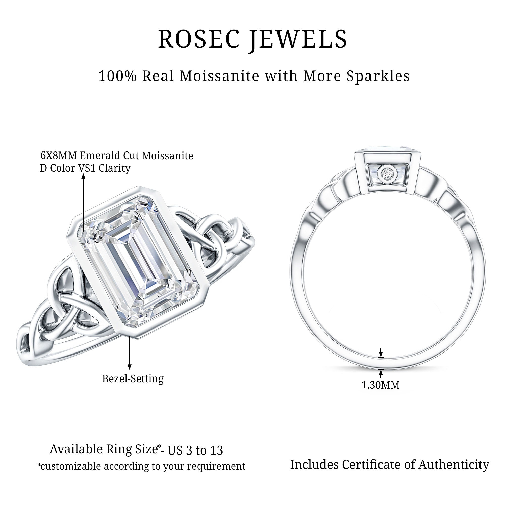 Bezel Set Emerald Cut Moissanite Celtic Engagement Ring D-VS1 - Rosec Jewels