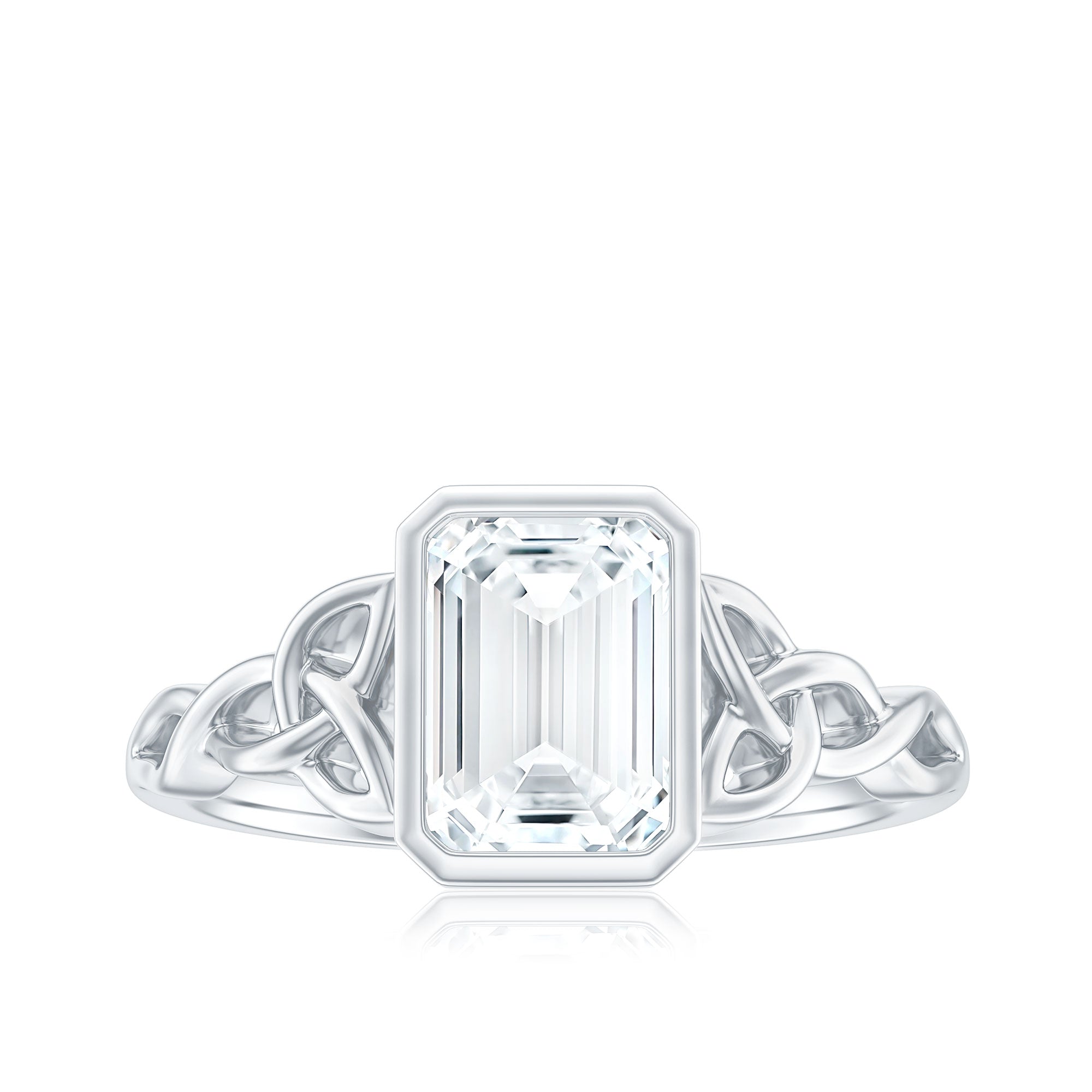 Rosec Jewels-Bezel Set Emerald Cut Moissanite Celtic Engagement Ring