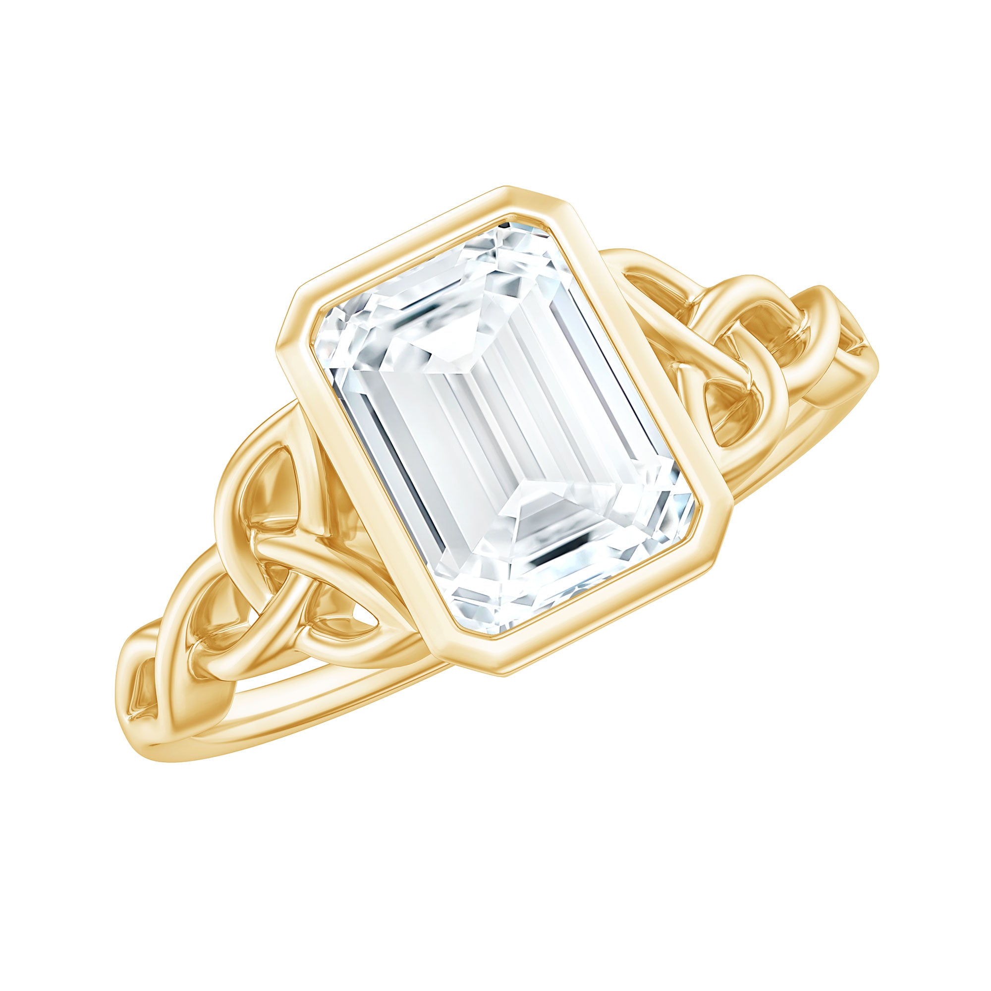 Rosec Jewels-Bezel Set Emerald Cut Moissanite Celtic Engagement Ring