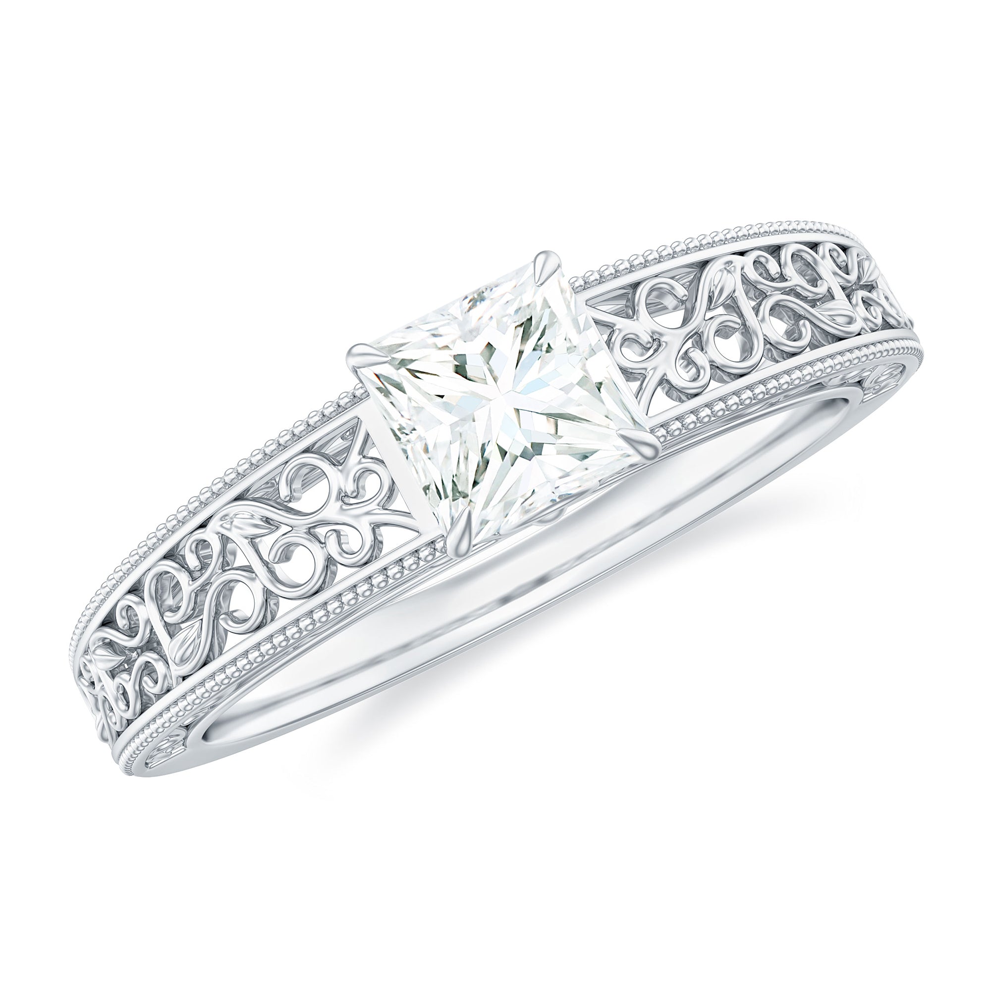 Princess Cut Solitaire Moissanite Filigree Engagement Ring