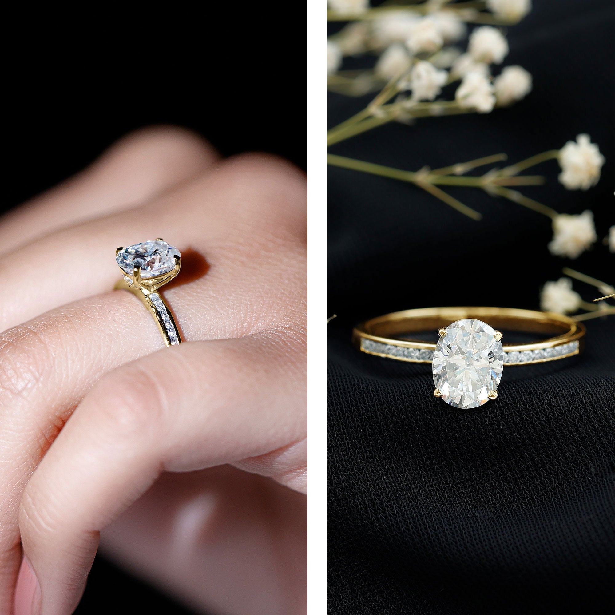 7X9 MM Solitaire Moissanite Oval Engagement Ring with Channel Set D-VS1 - Rosec Jewels