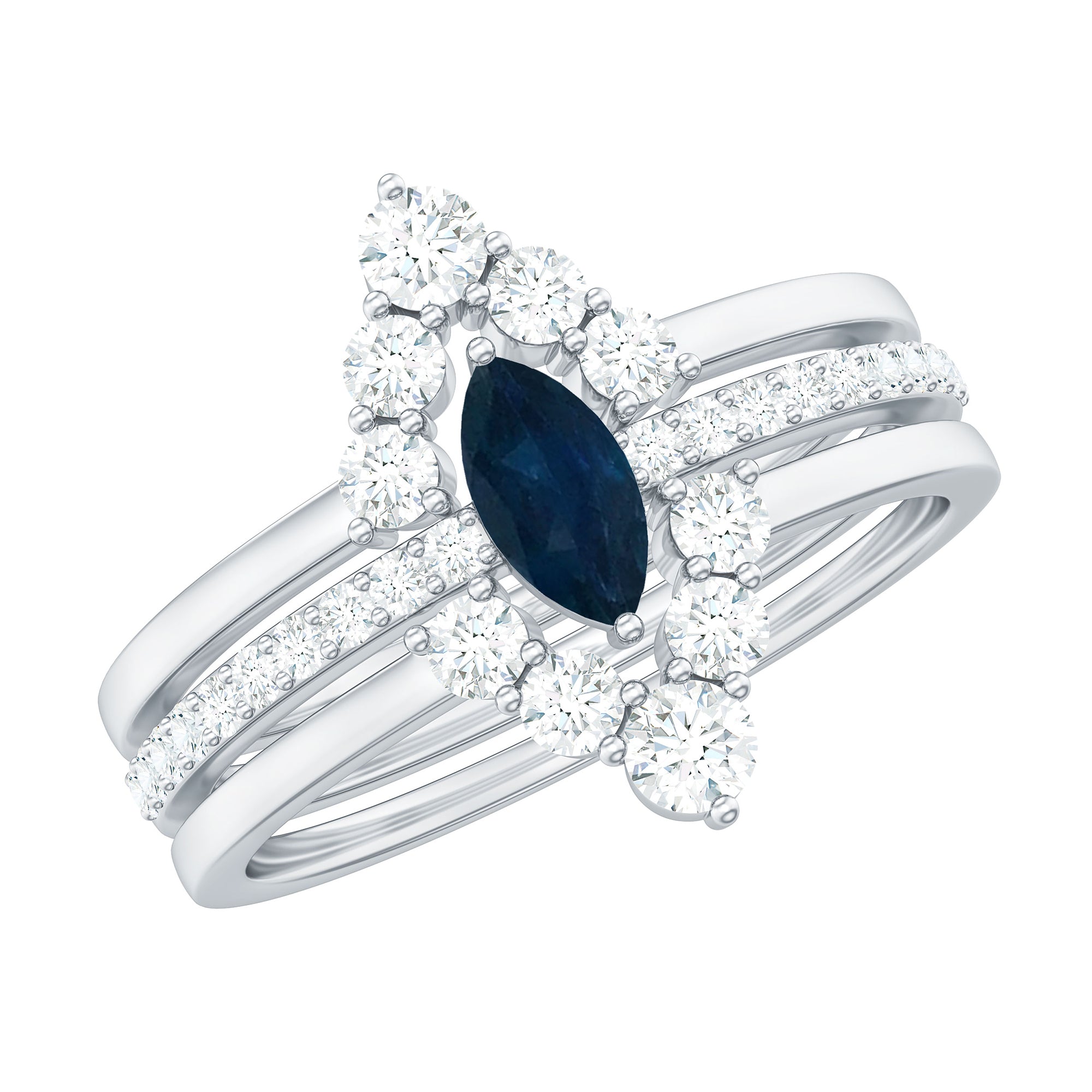 Natural Marquise Cut Blue Sapphire and Diamond Three Piece Stackable Ring Set AAA - Rosec Jewels