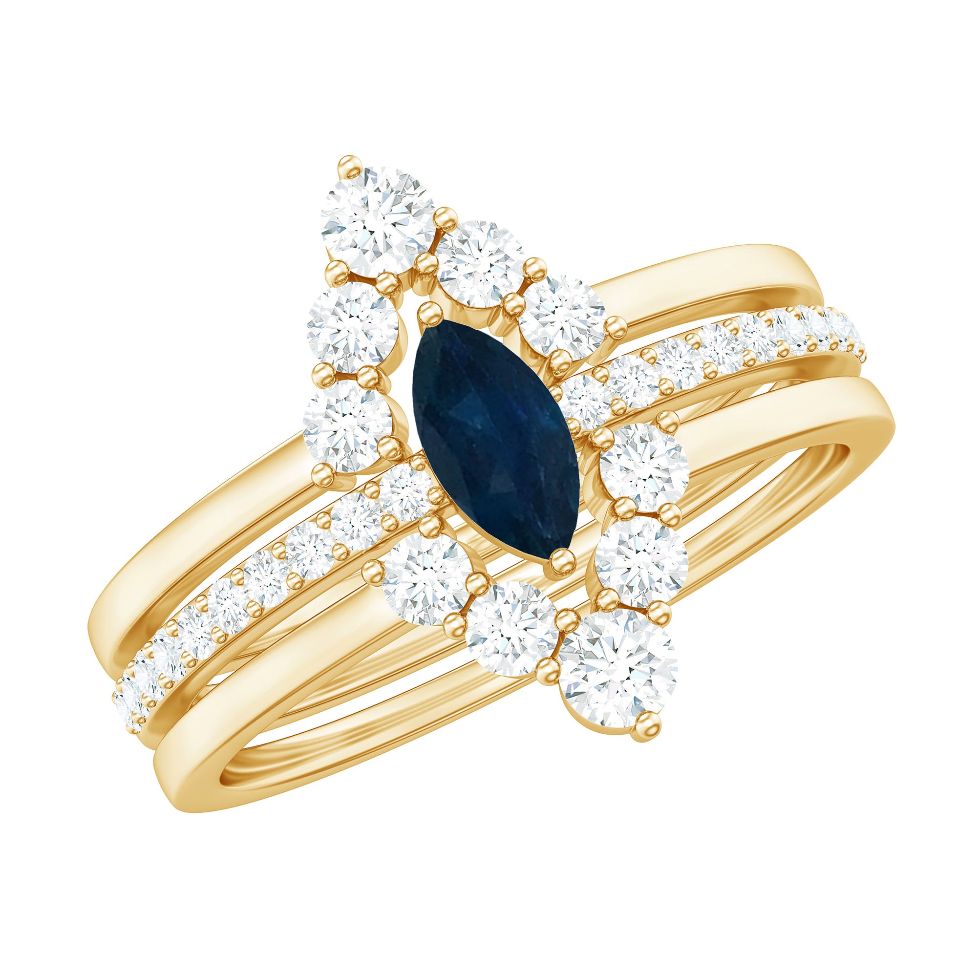 Natural Marquise Cut Blue Sapphire and Diamond Three Piece Stackable Ring Set AAA - Rosec Jewels