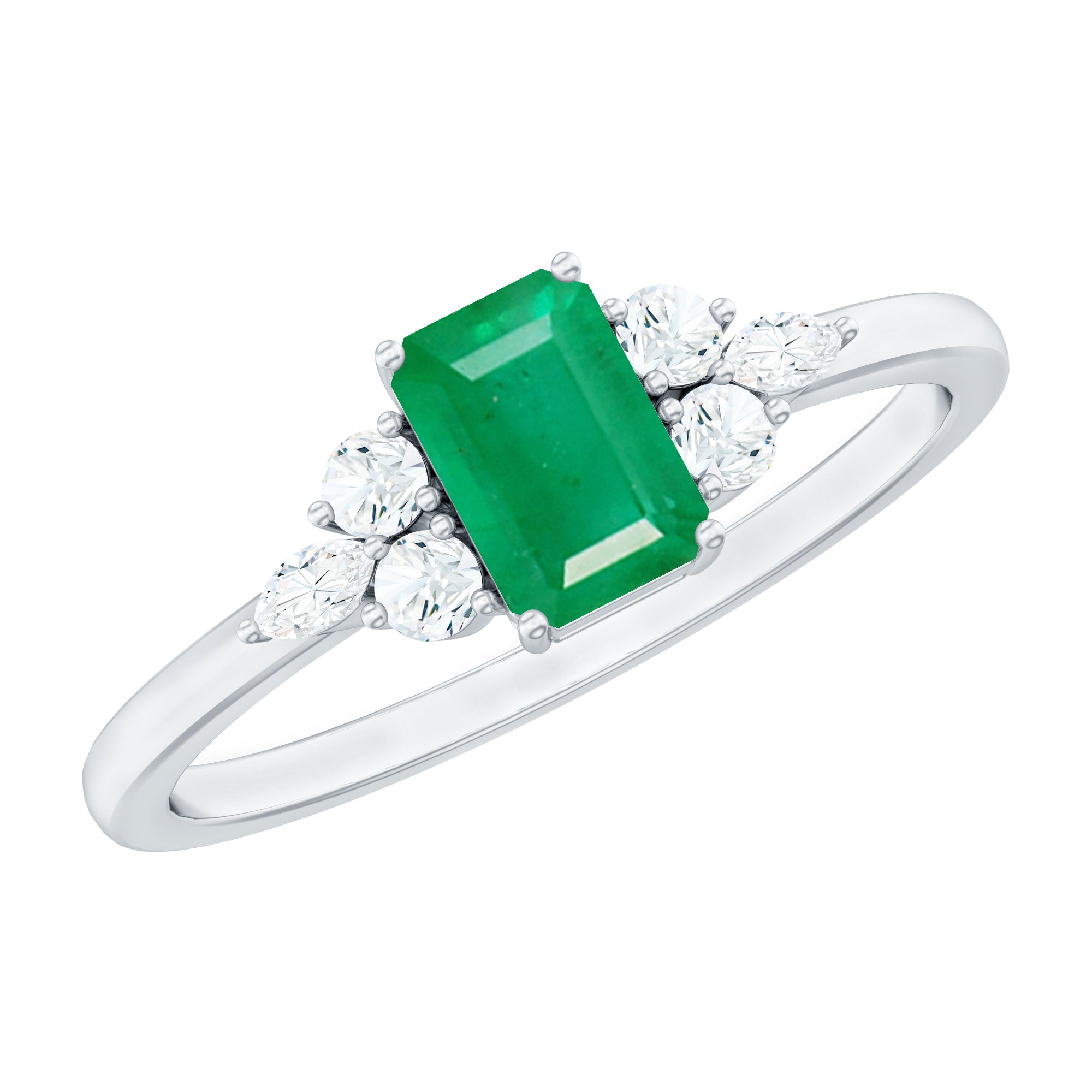 Emerald Cut Emerald Engagement Ring with Diamond Trio