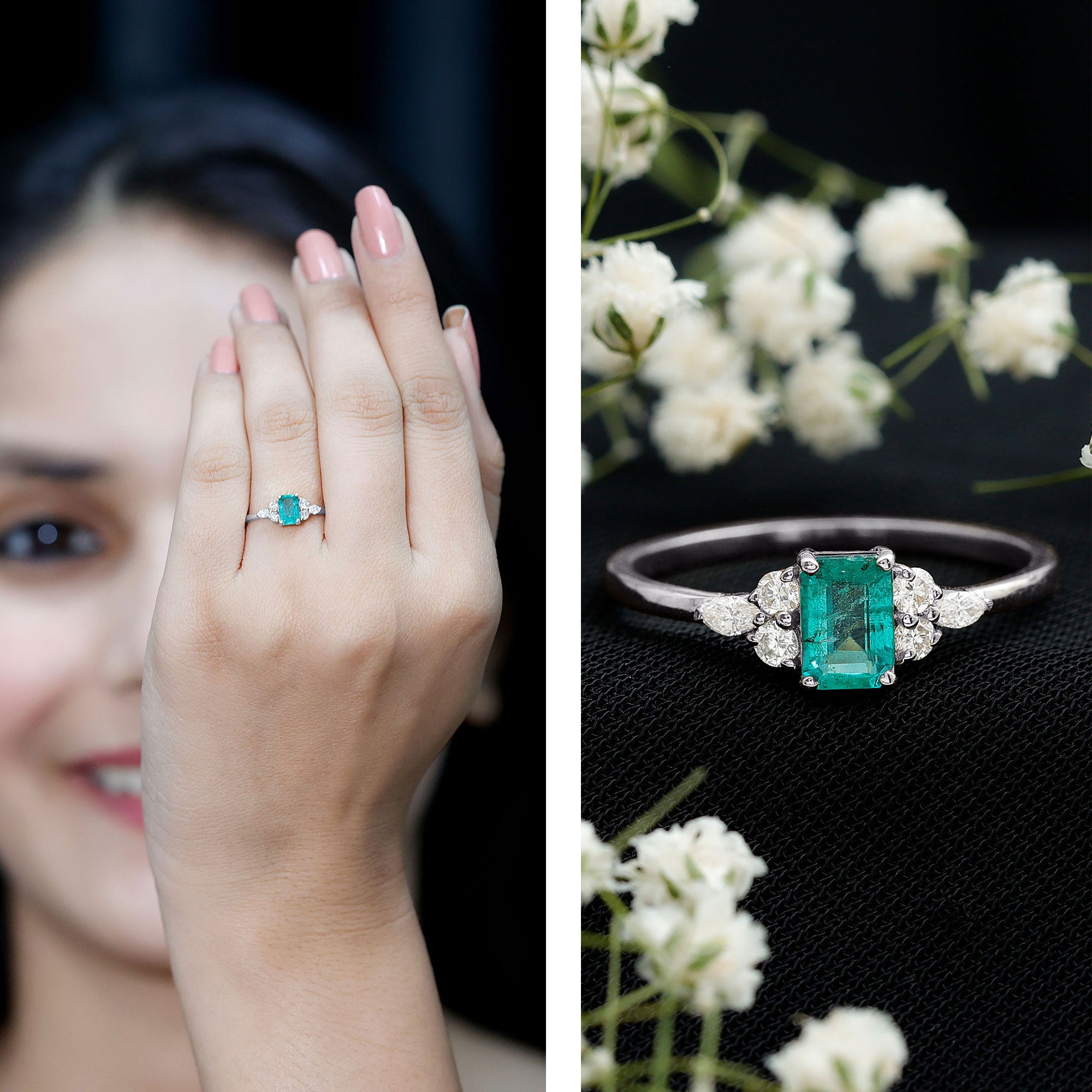 Emerald Cut Emerald Engagement Ring with Diamond Trio AAA - Rosec Jewels