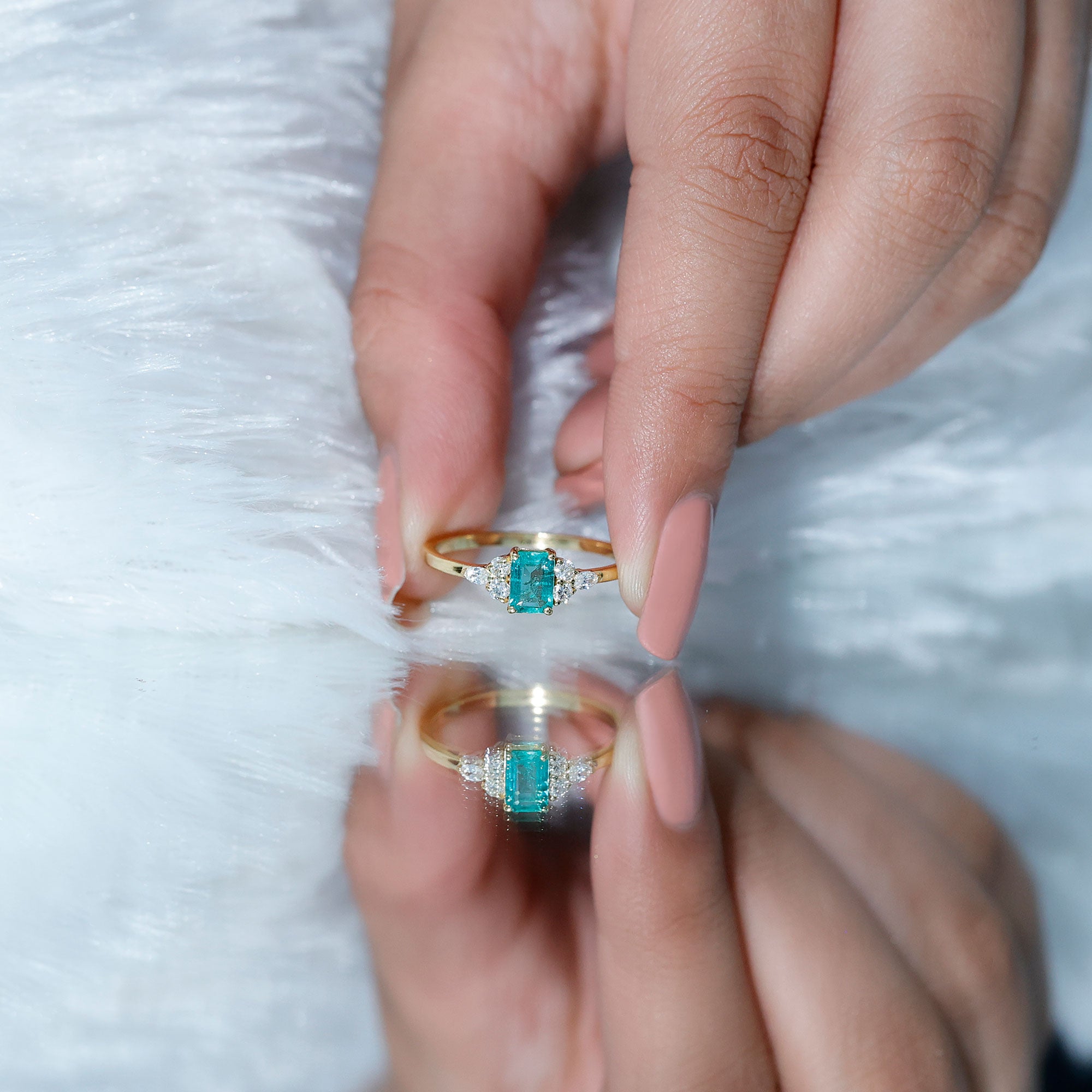 Rosec Jewels-Emerald Cut Emerald Engagement Ring with Diamond Trio