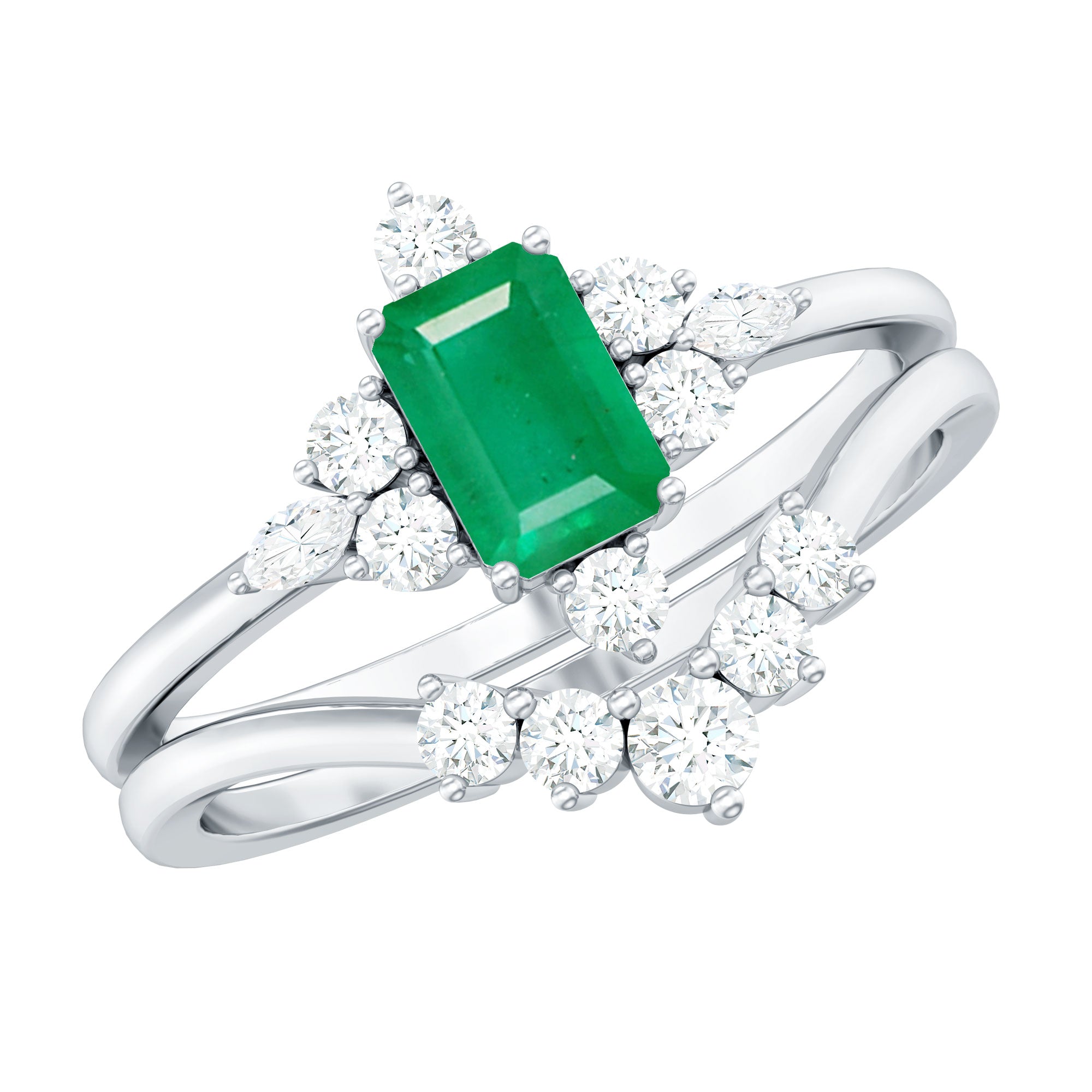 Natural Emerald Diamond Emerald Cut Engagement Ring and Wedding Band Set