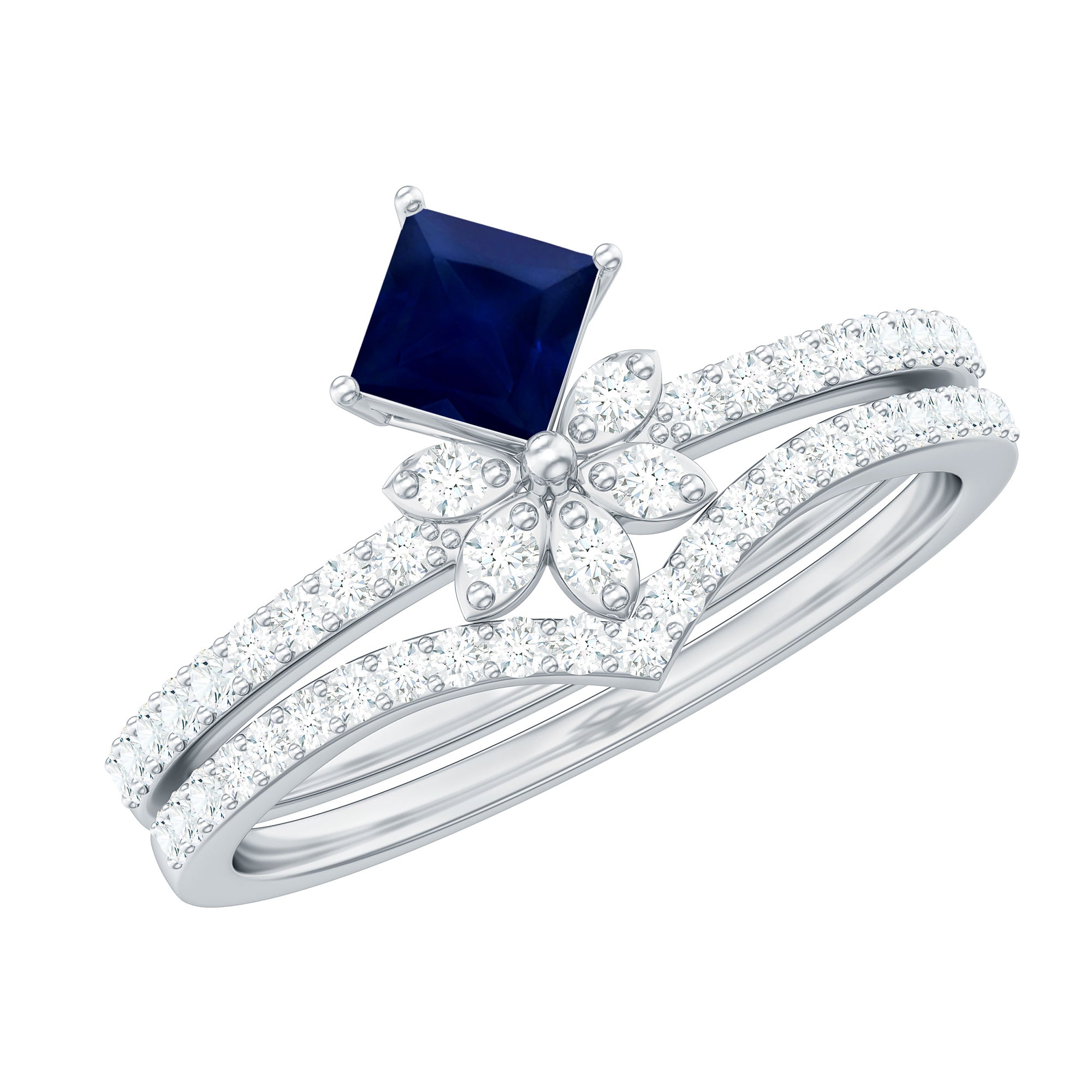 Designer Princess Cut Blue Sapphire and Diamond Flower Wedding Ring Set AAA - Rosec Jewels