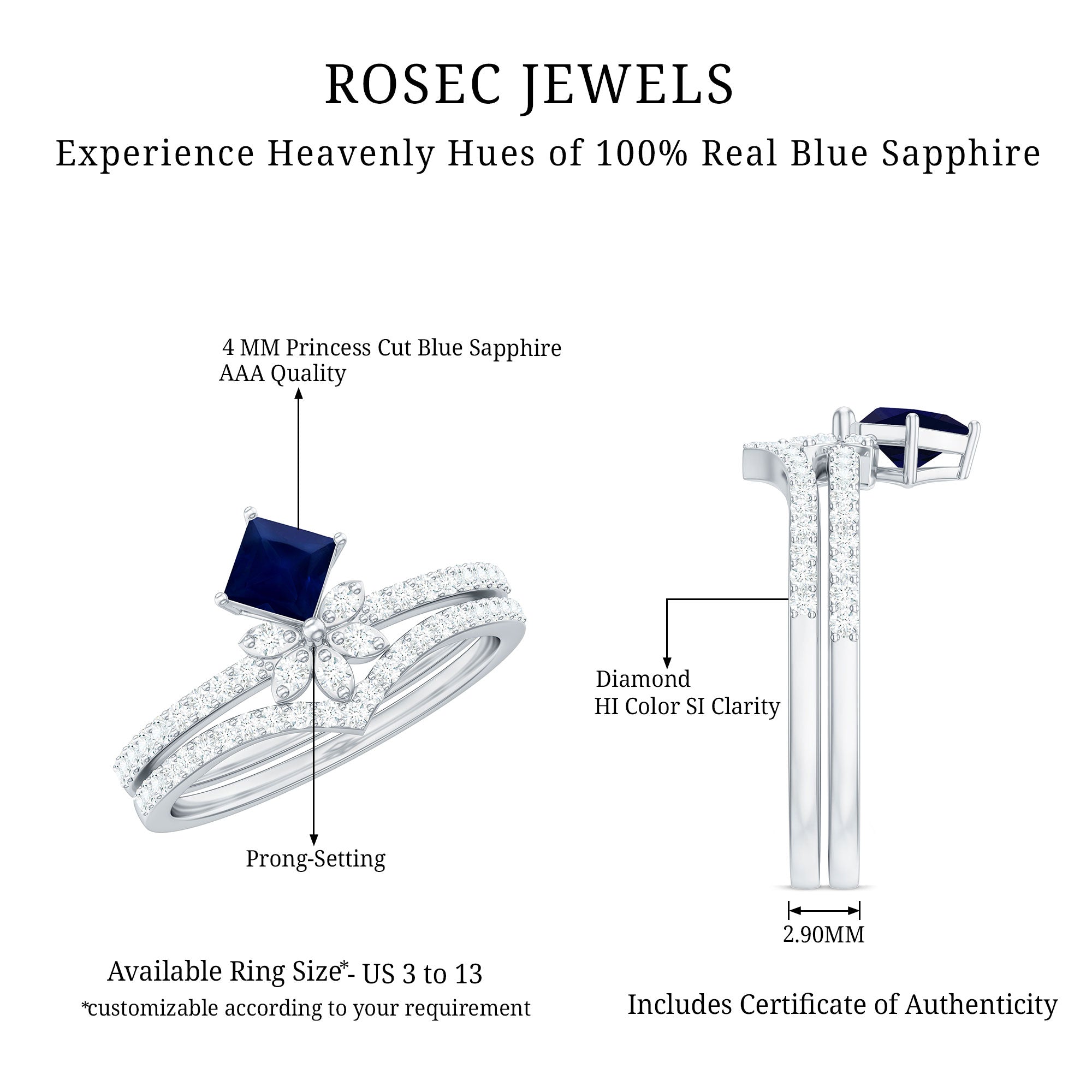 Designer Princess Cut Blue Sapphire and Diamond Flower Wedding Ring Set AAA - Rosec Jewels