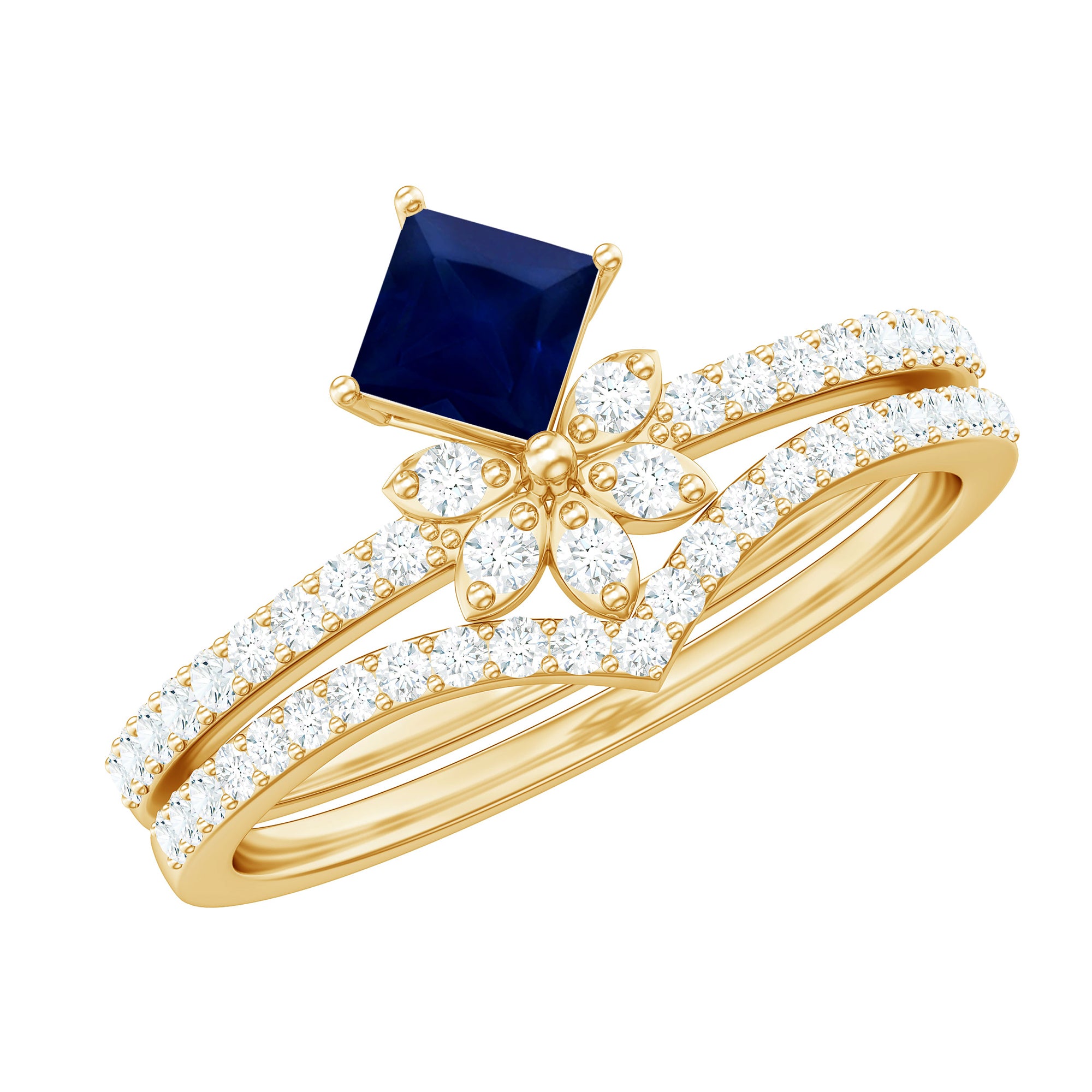 Designer Princess Cut Blue Sapphire and Diamond Flower Wedding Ring Set AAA - Rosec Jewels