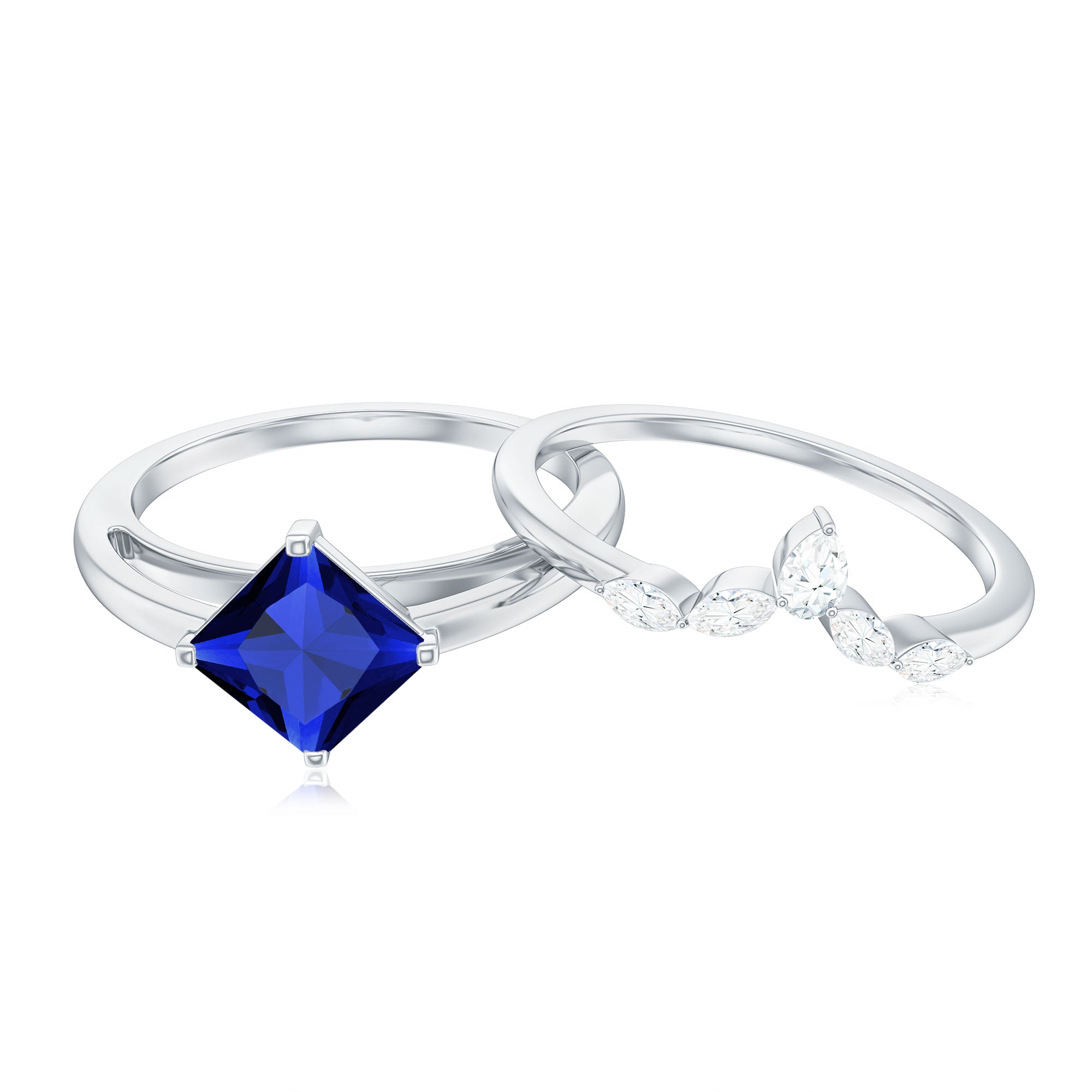 Certified Lab Grown Blue Sapphire Princess Cut Engagement Ring Set with Diamond AAAA - Rosec Jewels