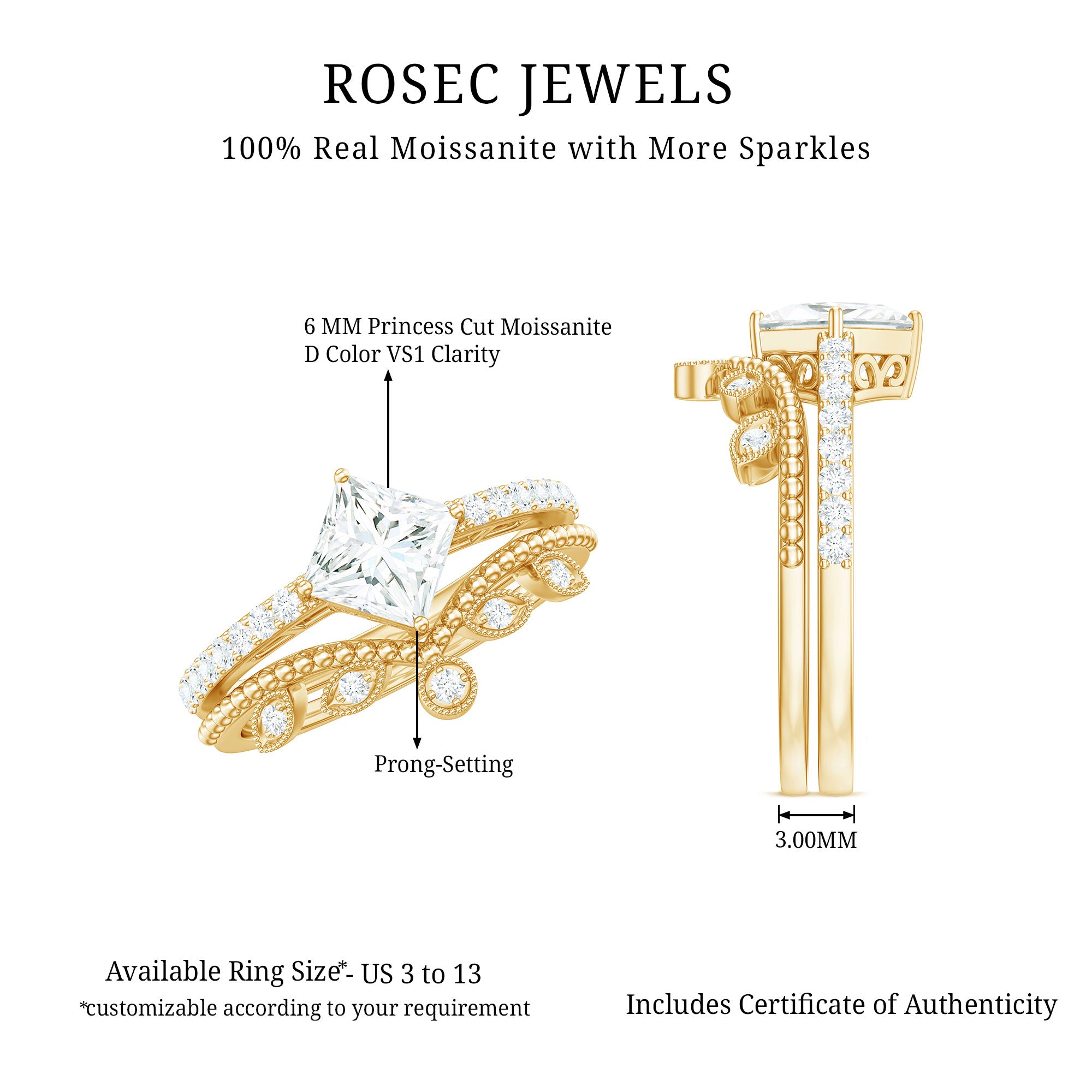 Brilliant Cut Moissanite Vintage Bridal Ring Set D-VS1 - Rosec Jewels