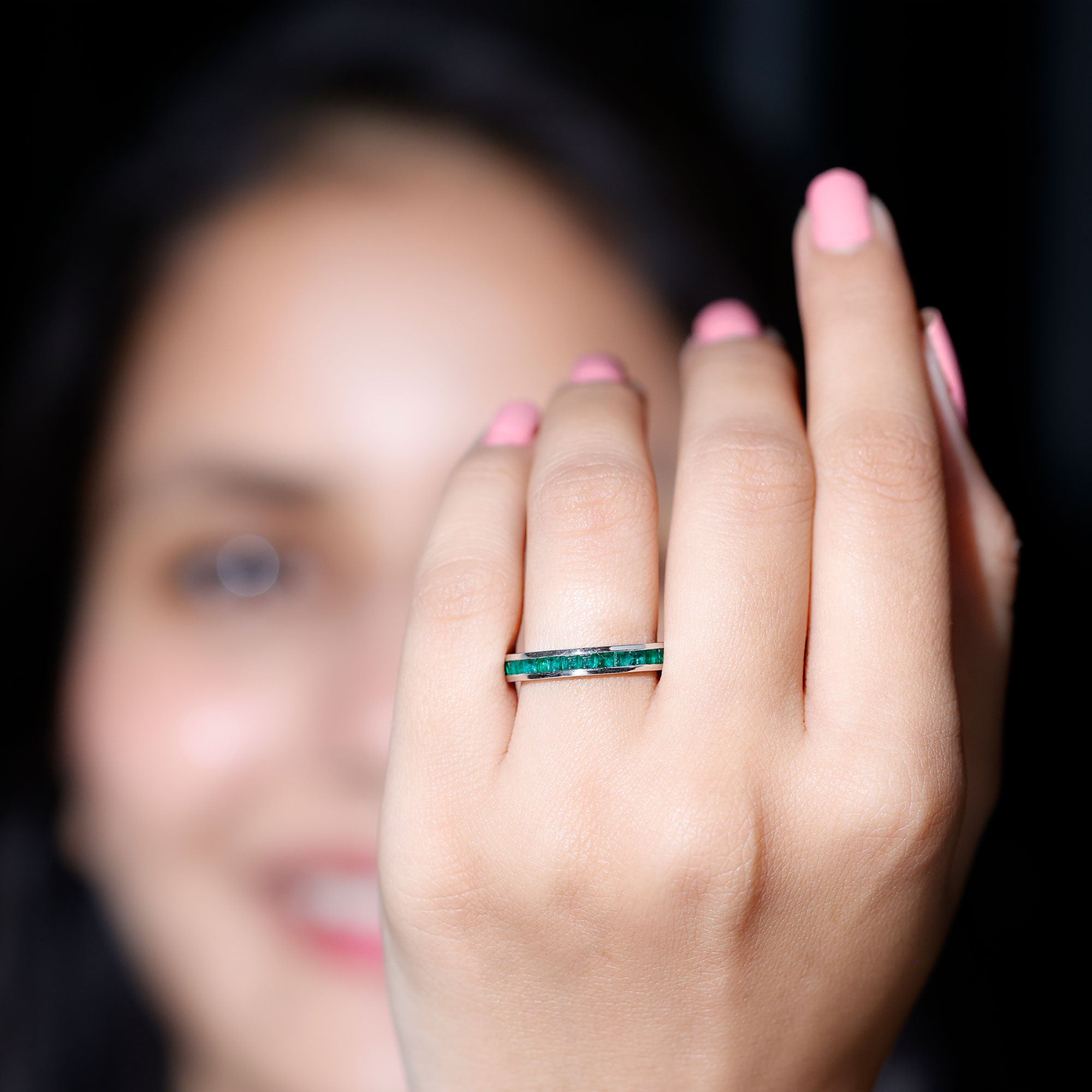 Channel Set Princess Cut Emerald Eternity Band Ring AAA - Rosec Jewels