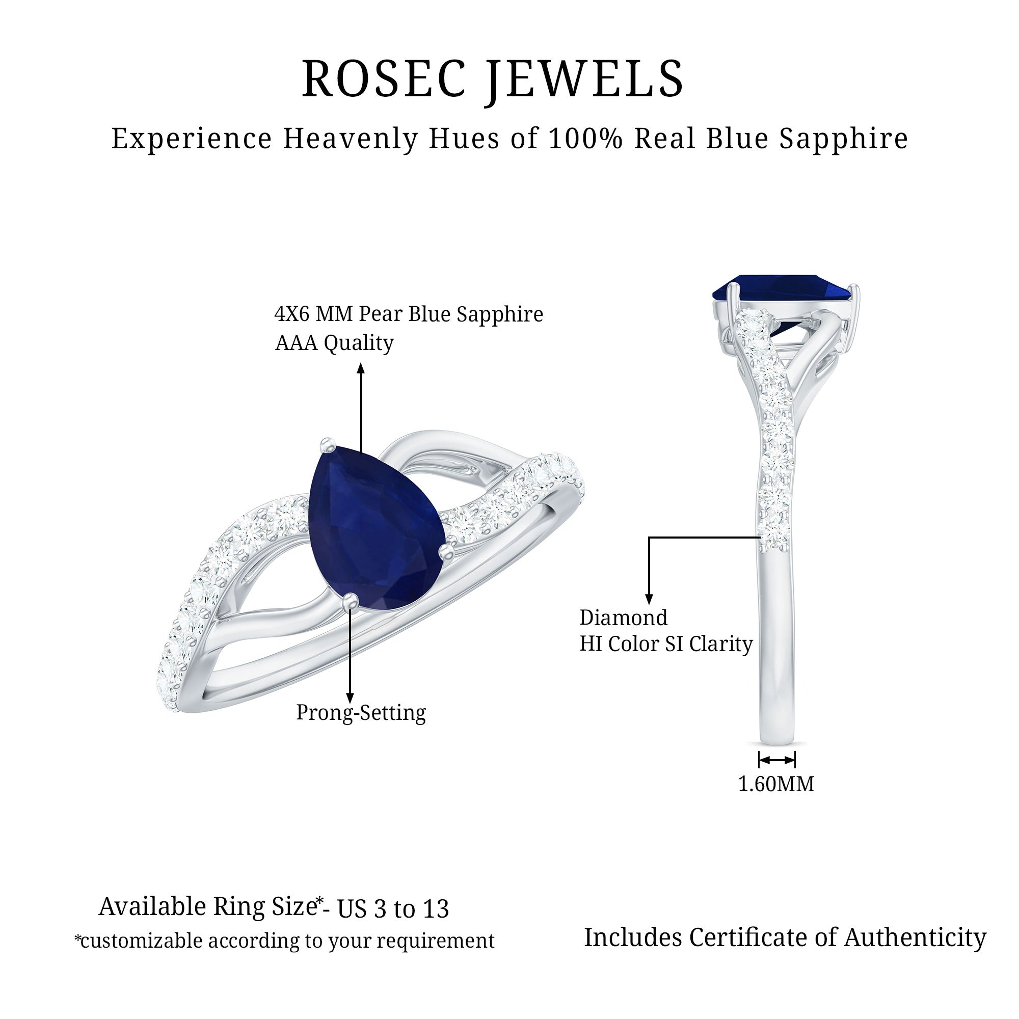 Genuine 0.5 Carat Pear Shaped Blue Sapphire Split Shank Engagement Ring with Certificate AAA - Rosec Jewels