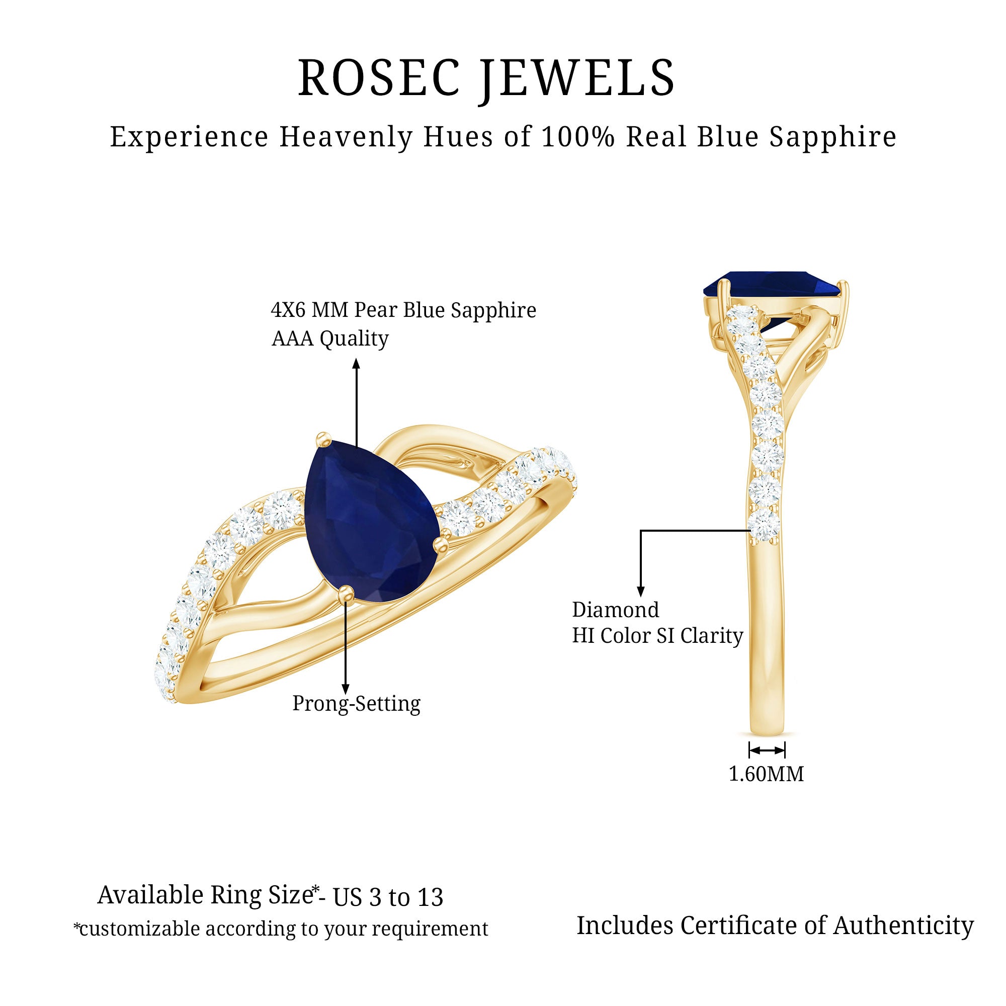 Genuine 0.5 Carat Pear Shaped Blue Sapphire Split Shank Engagement Ring with Certificate AAA - Rosec Jewels