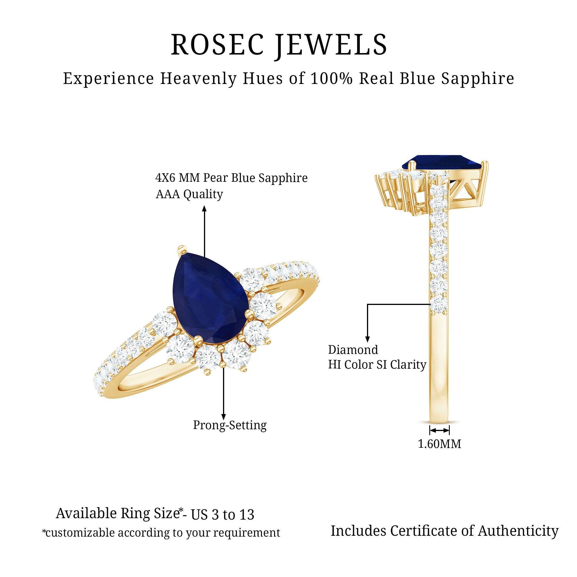 0.5 Carat Pear Shaped Blue Sapphire and Diamond Half Halo Engagement Ring AAA - Rosec Jewels