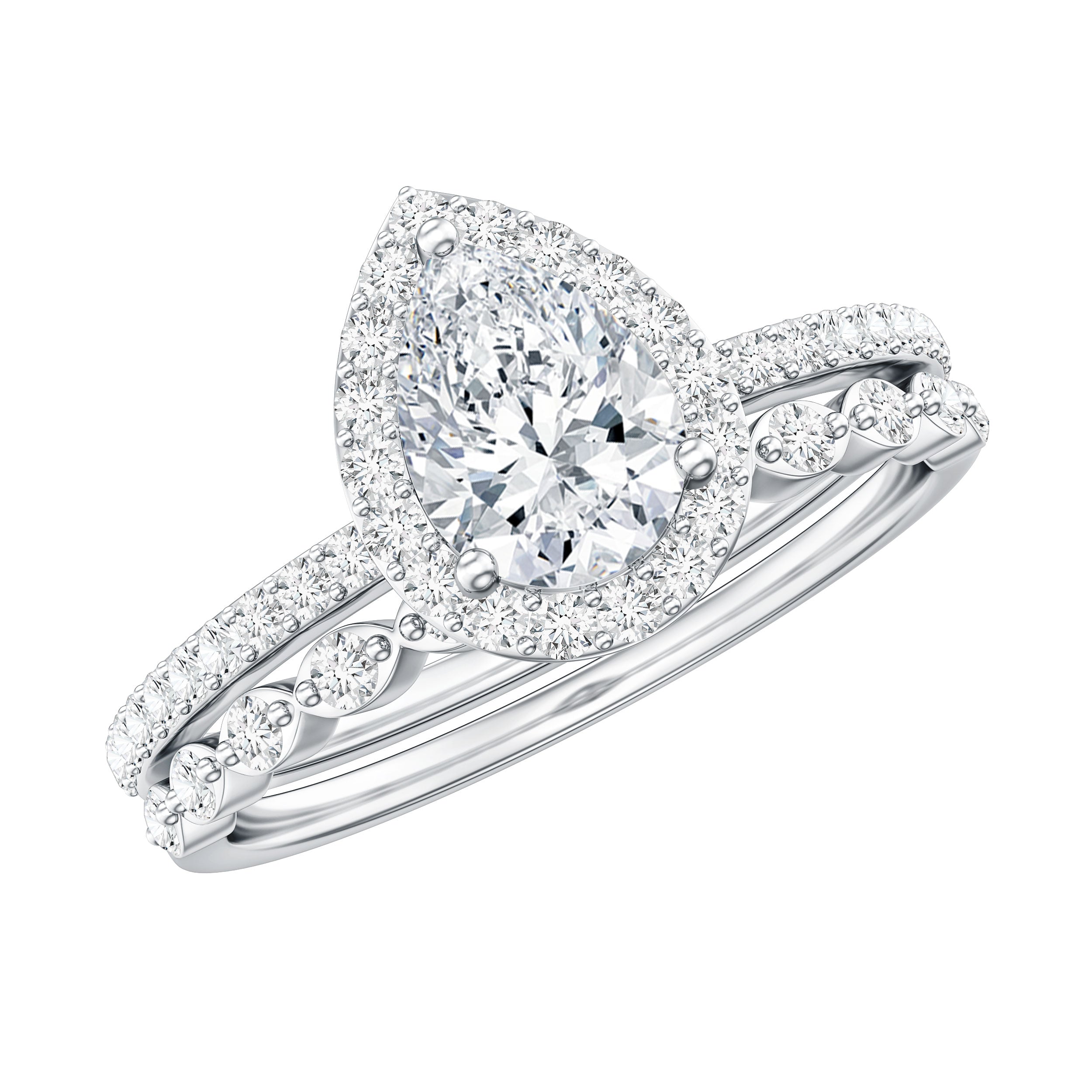 1.75 CT Moissanite Teardrop Wedding Ring Set with Halo D-VS1 - Rosec Jewels