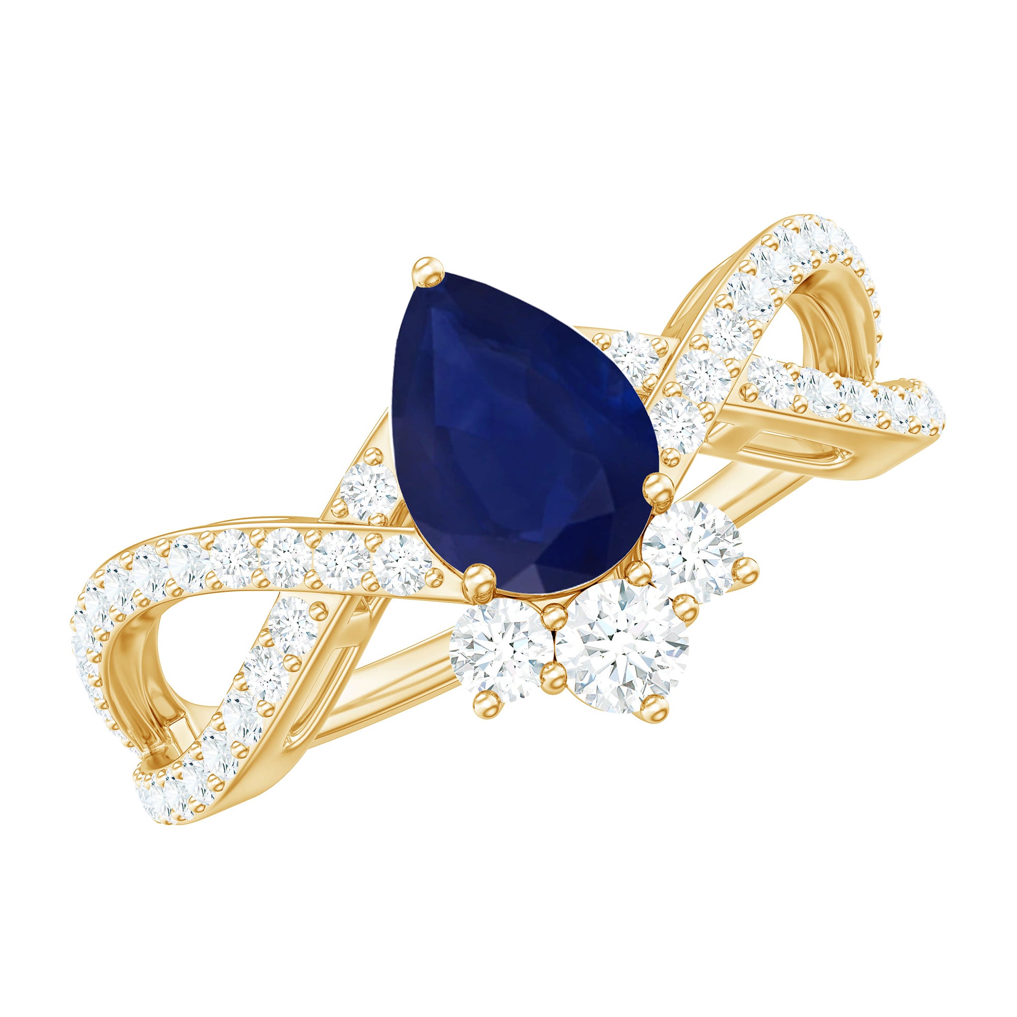 Real 0.5 Blue Sapphire Pear Shape Engagement Ring with Diamond Crossover AAA - Rosec Jewels