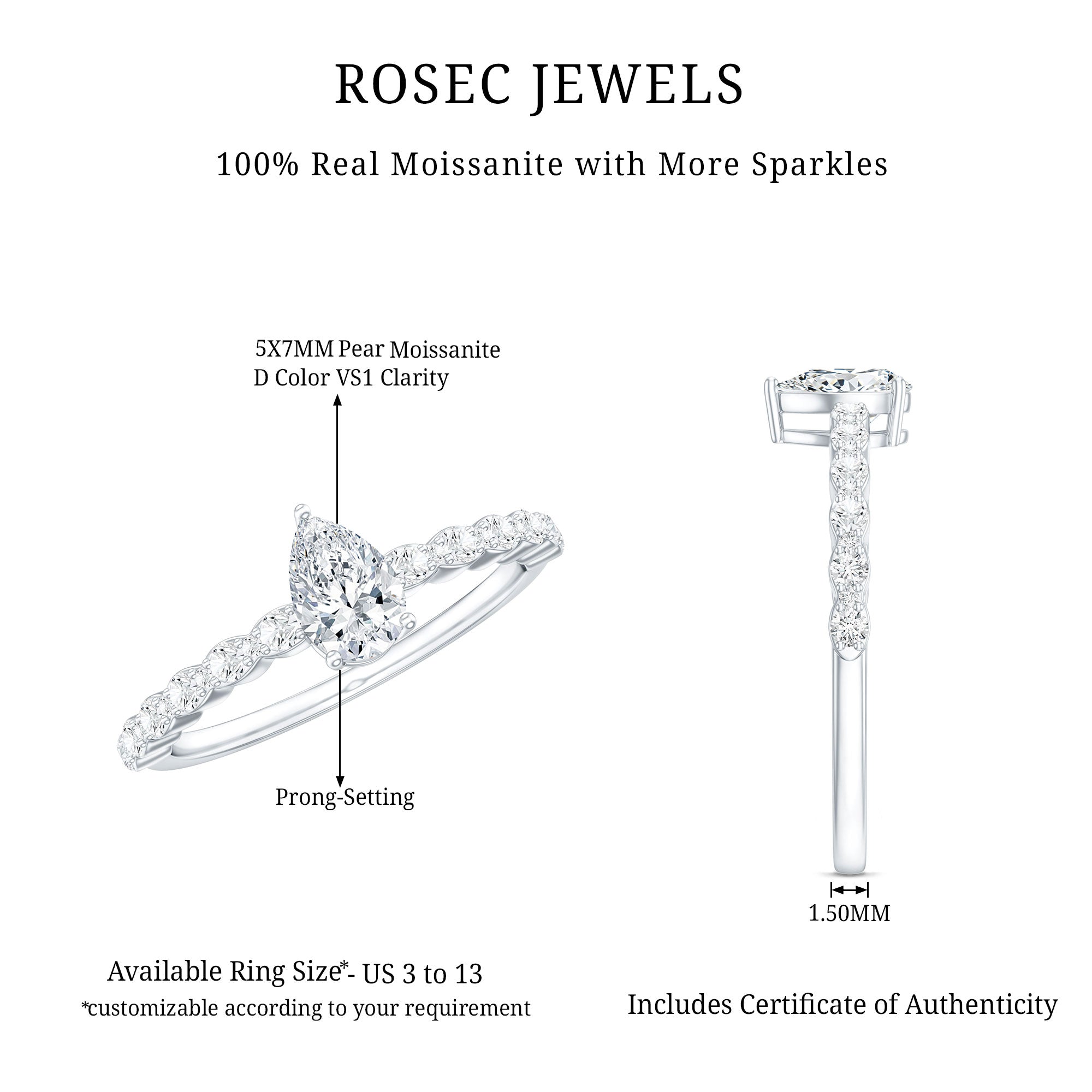 Pear Shape Solitaire Moissanite Promise Ring For Her D-VS1 - Rosec Jewels