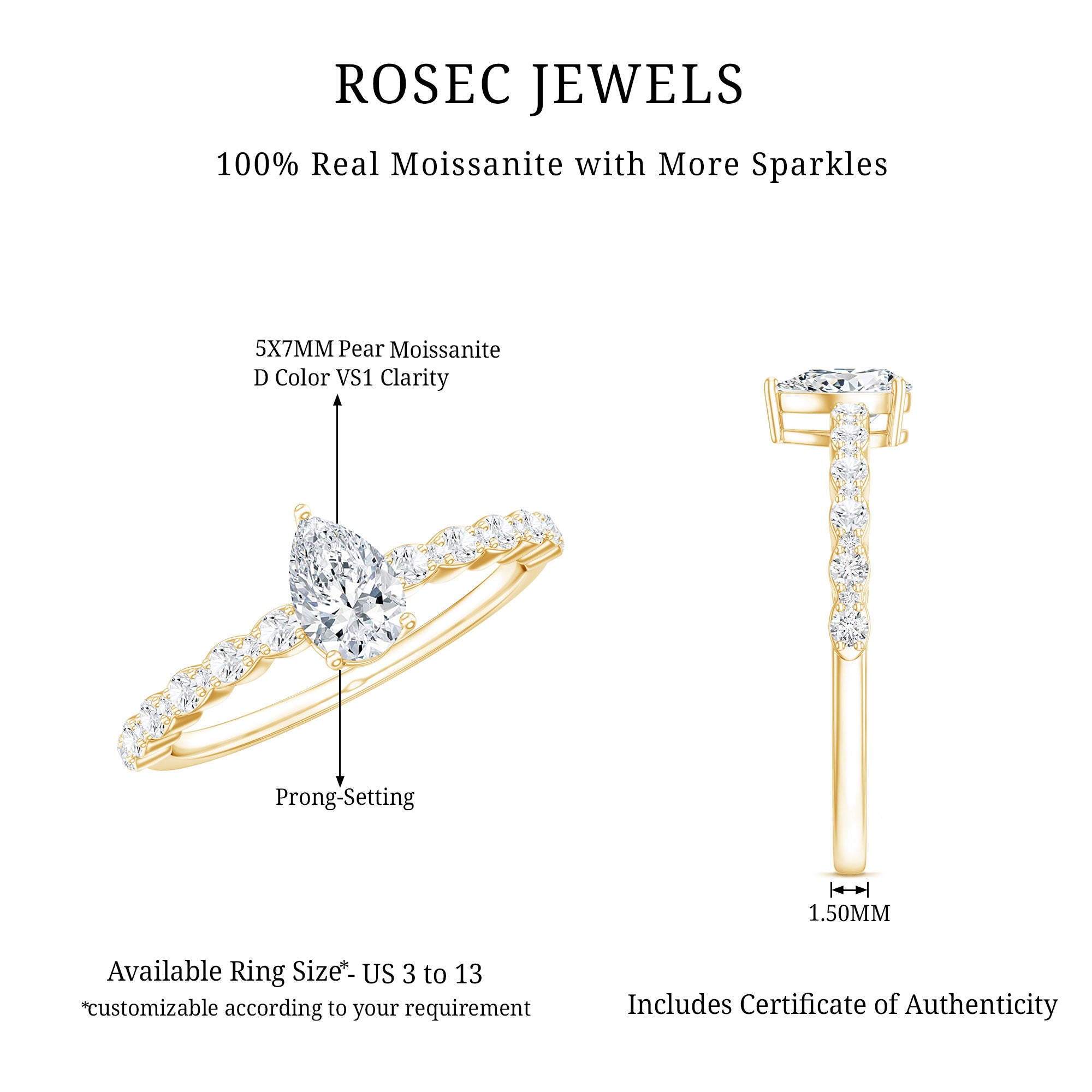 Pear Shape Solitaire Moissanite Promise Ring For Her D-VS1 - Rosec Jewels